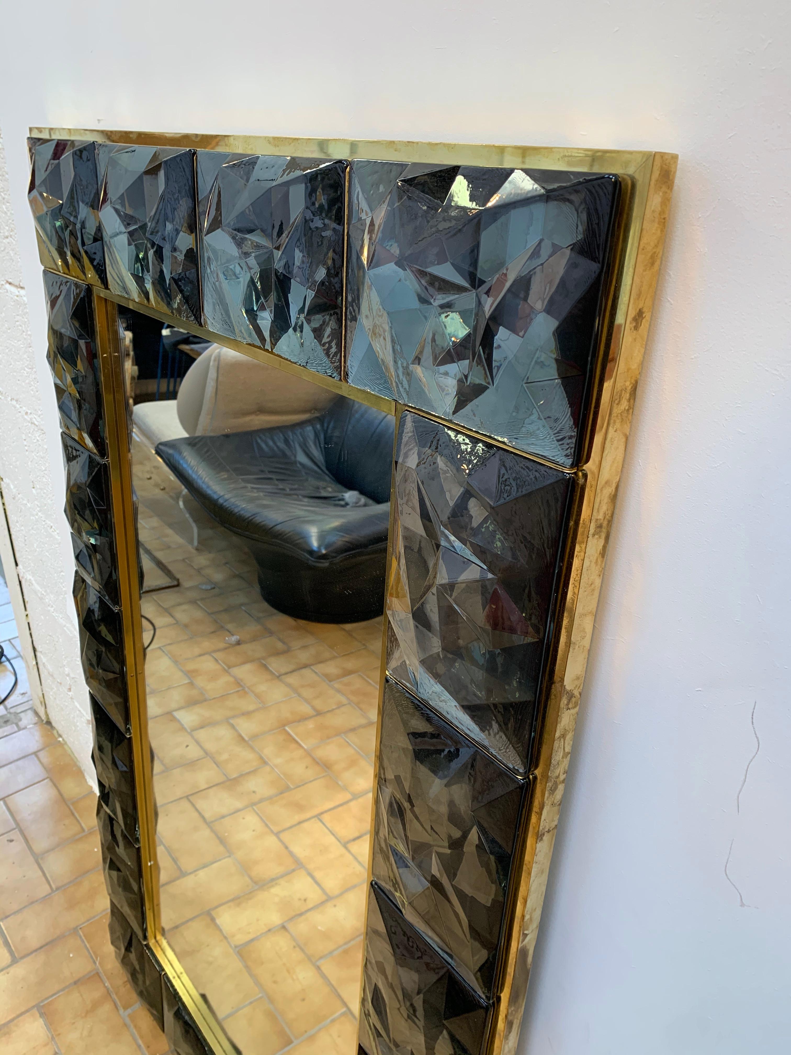 Contemporary Brass Mirror Gray Murano Glass, Italy 4