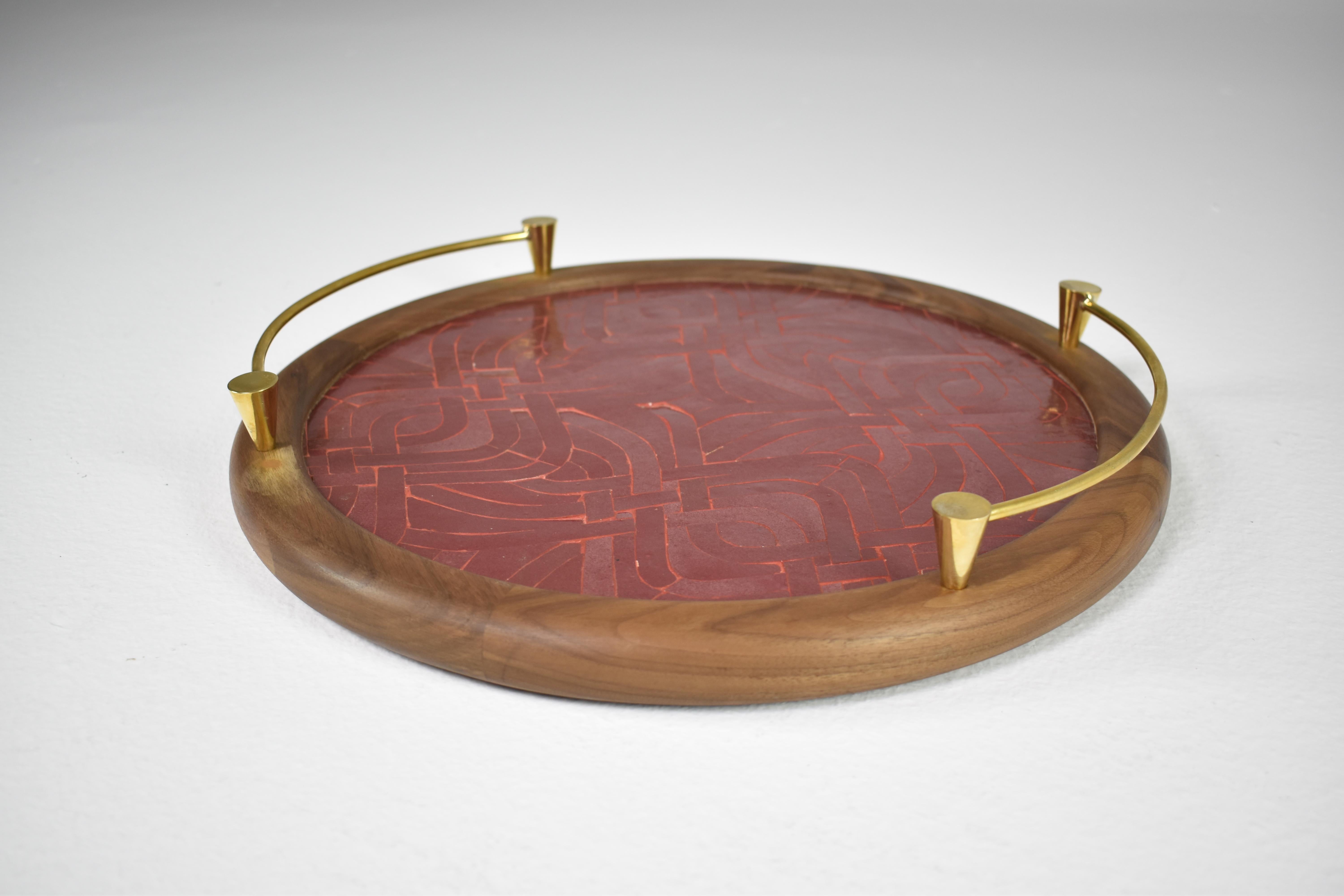 Hand-Carved Contemporary Brass Modern Mosaic Tray by Jonathan Amar Studio For Sale