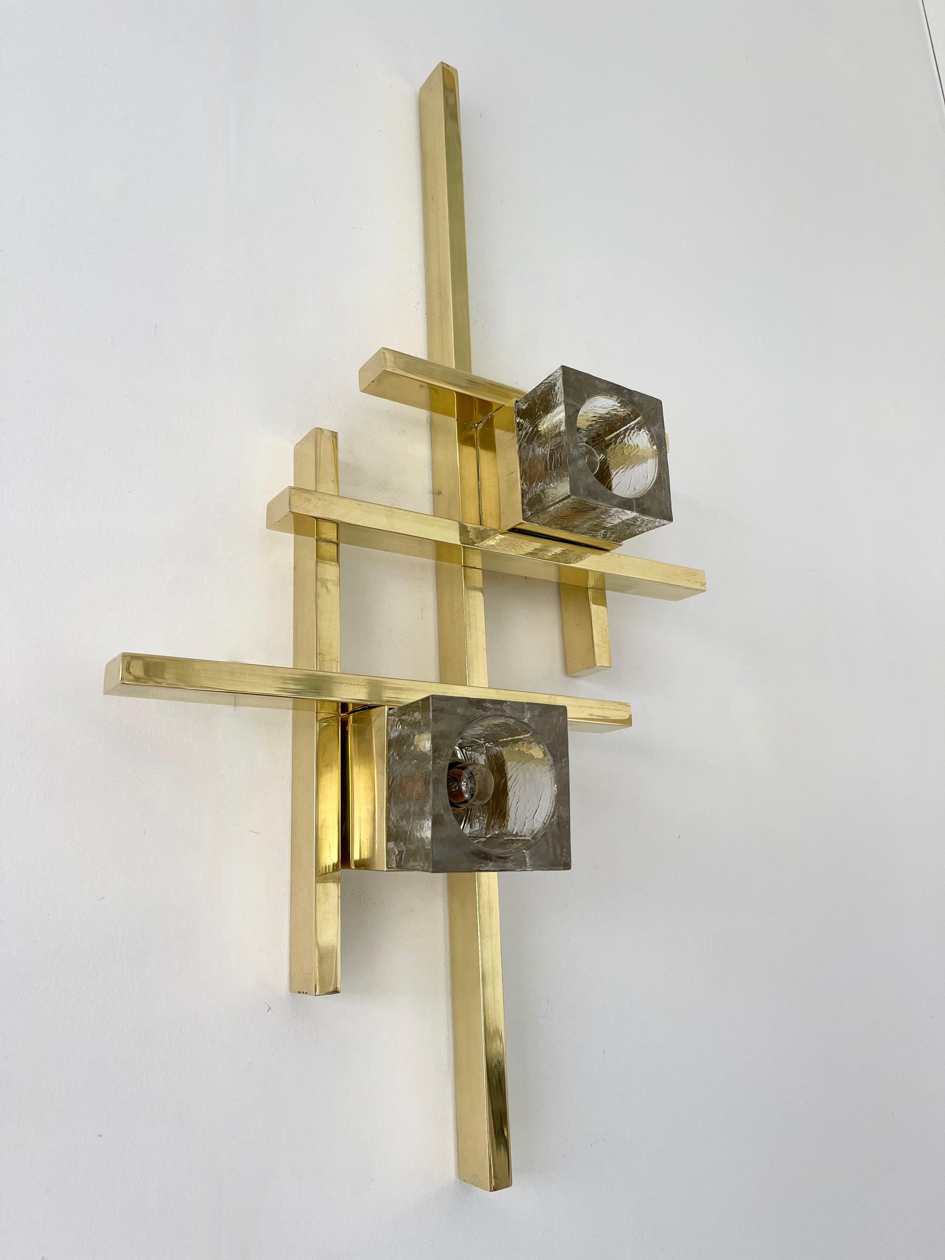 Contemporary Brass Murano Glass Cubic Sconces, Italy For Sale 9