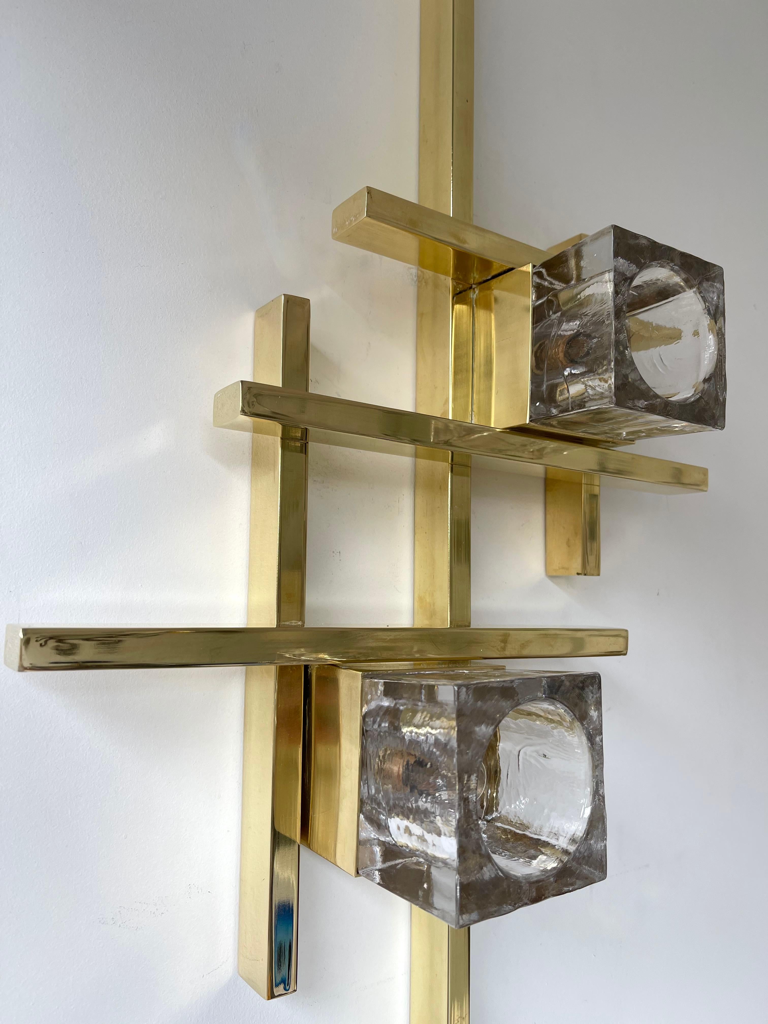 contemporary cubic brass and Murano glass wall lights lamps sconces. Few exclusive artisanal production. In the style of Reggiani, Sciolari, Targetti. Can be use vertically or horizontally. Attach a photo in light of the large model.

2 pair