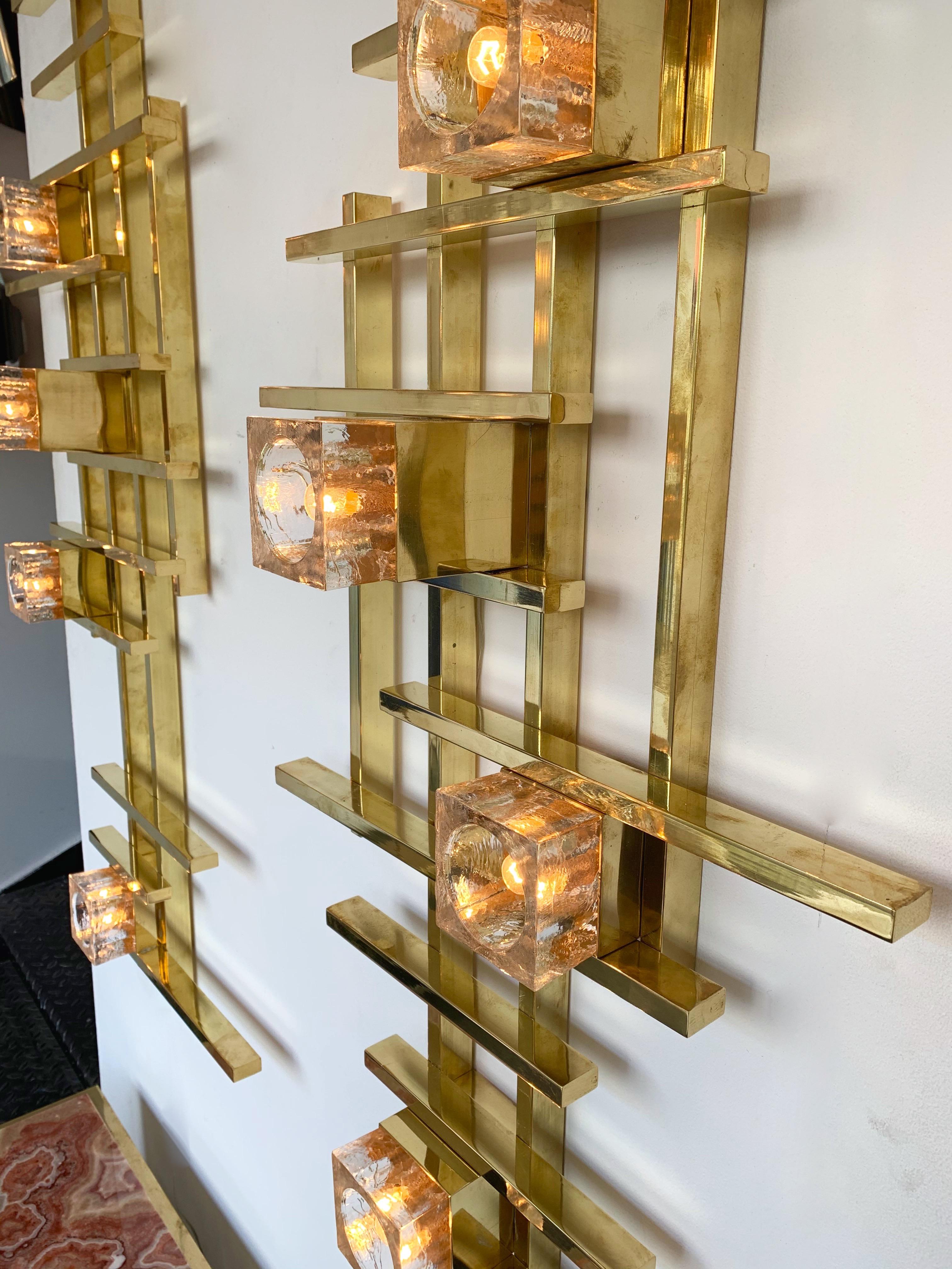 Italian Pair of Contemporary Brass Murano Glass Cubic Sconces, Italy For Sale