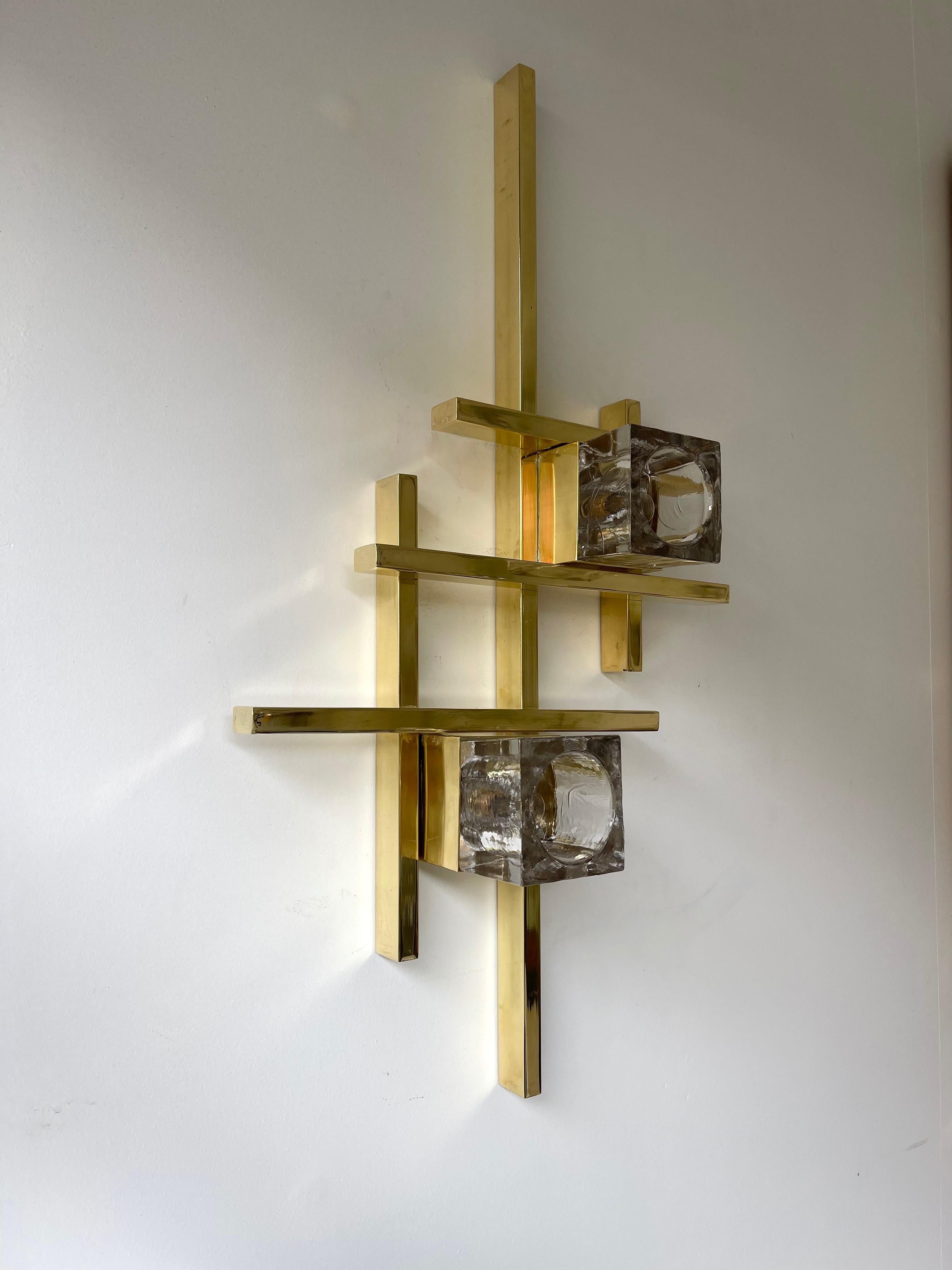 Contemporary Brass Murano Glass Cubic Sconces, Italy For Sale 1