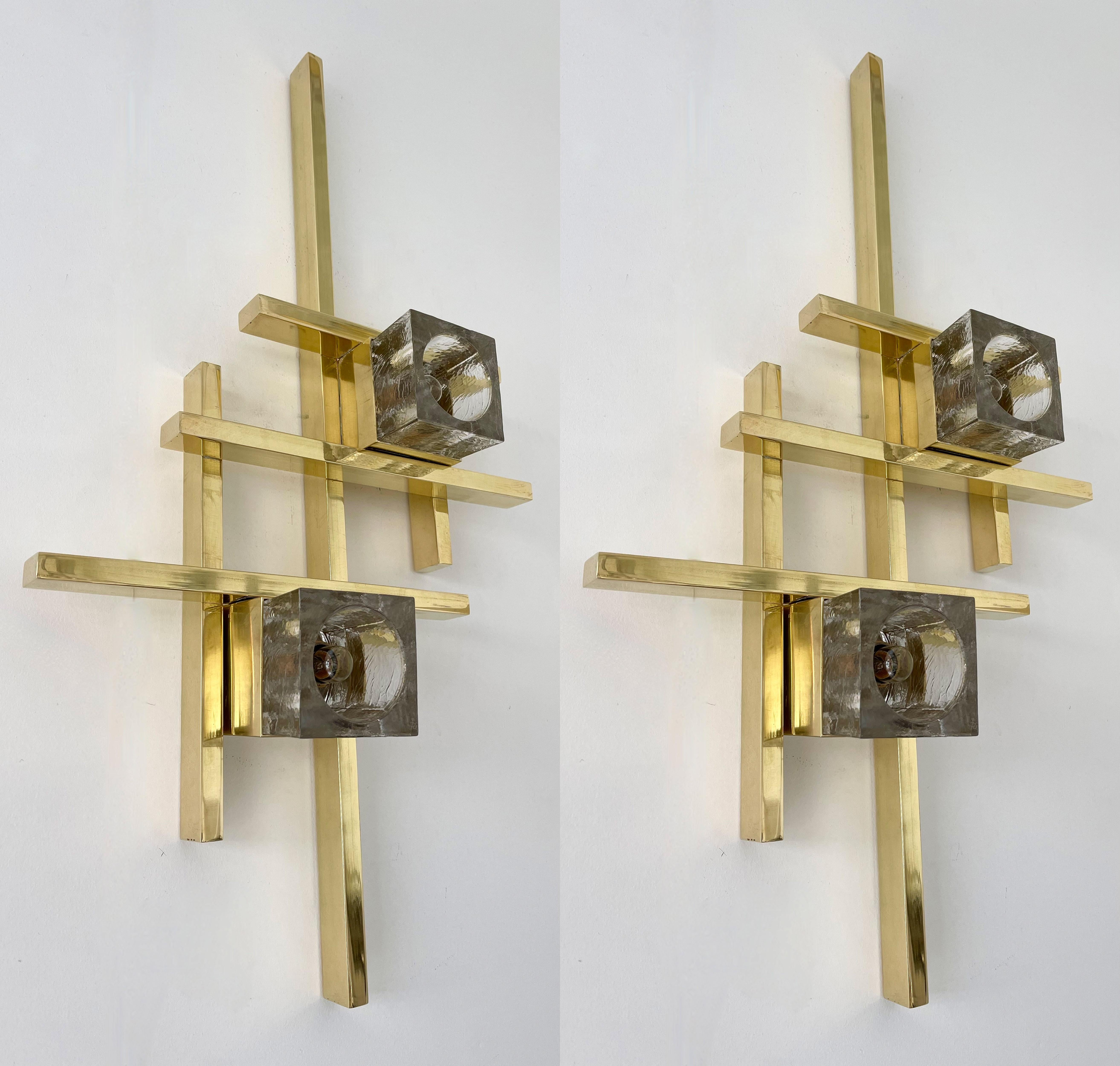 Contemporary Brass Murano Glass Cubic Sconces, Italy For Sale 2