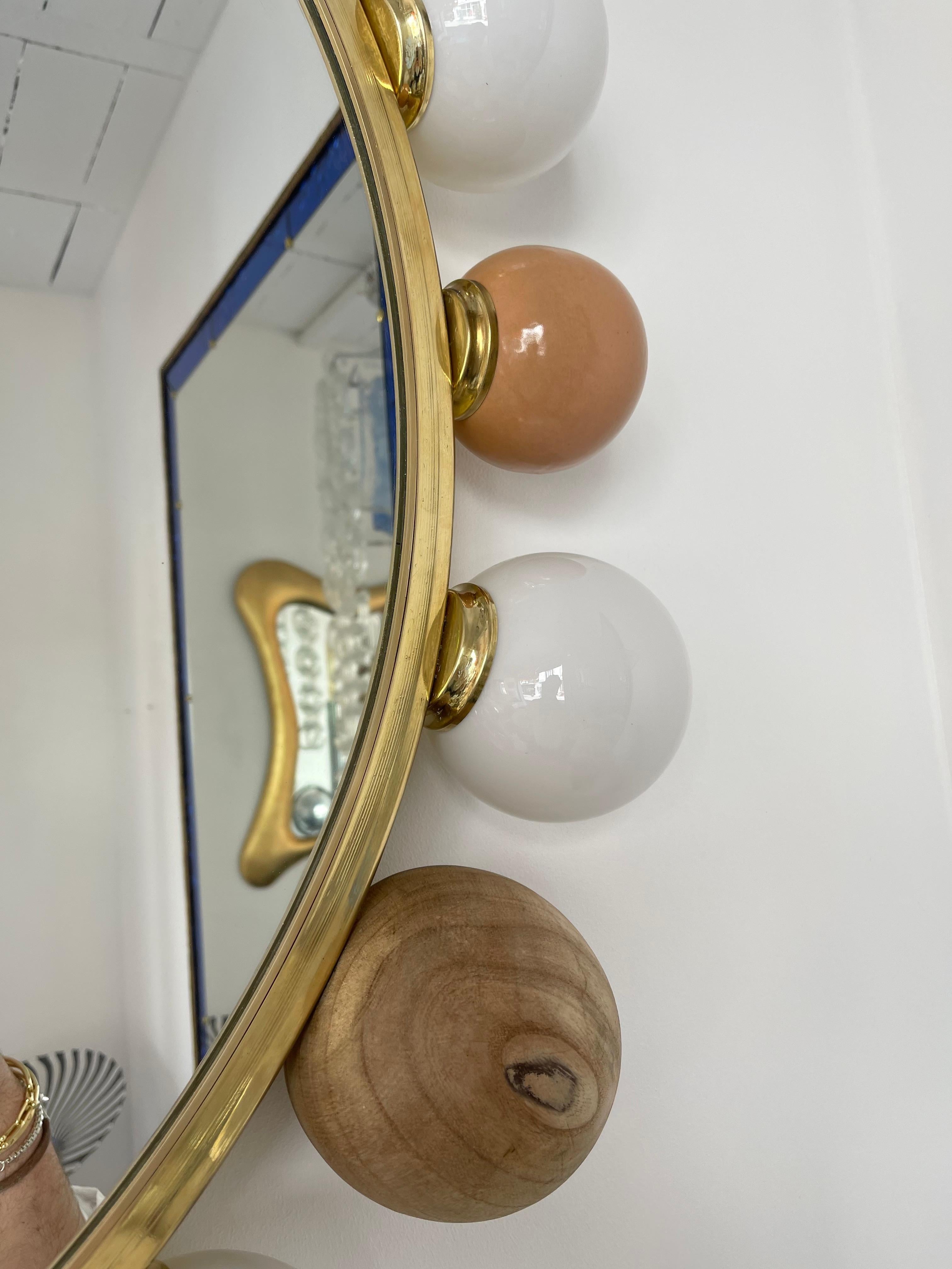 Contemporary Brass Murano Glass Wood and Ceramic Lightning Mirror, Italy 5
