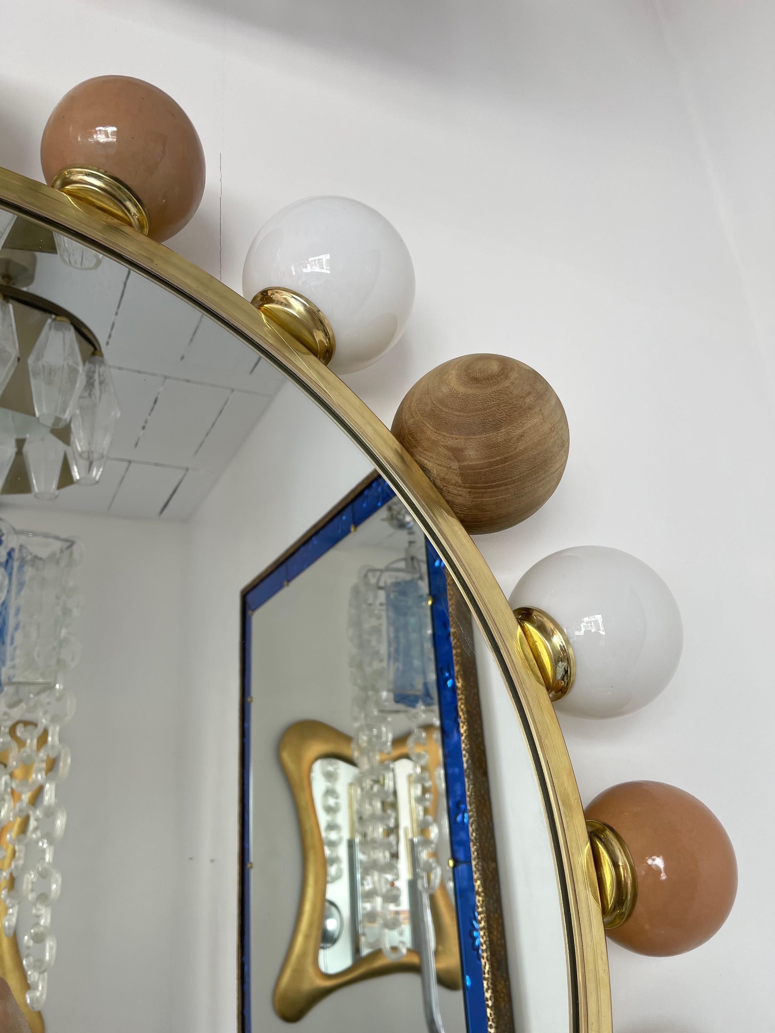 Contemporary Brass Murano Glass Wood and Ceramic Lightning Mirror, Italy 6