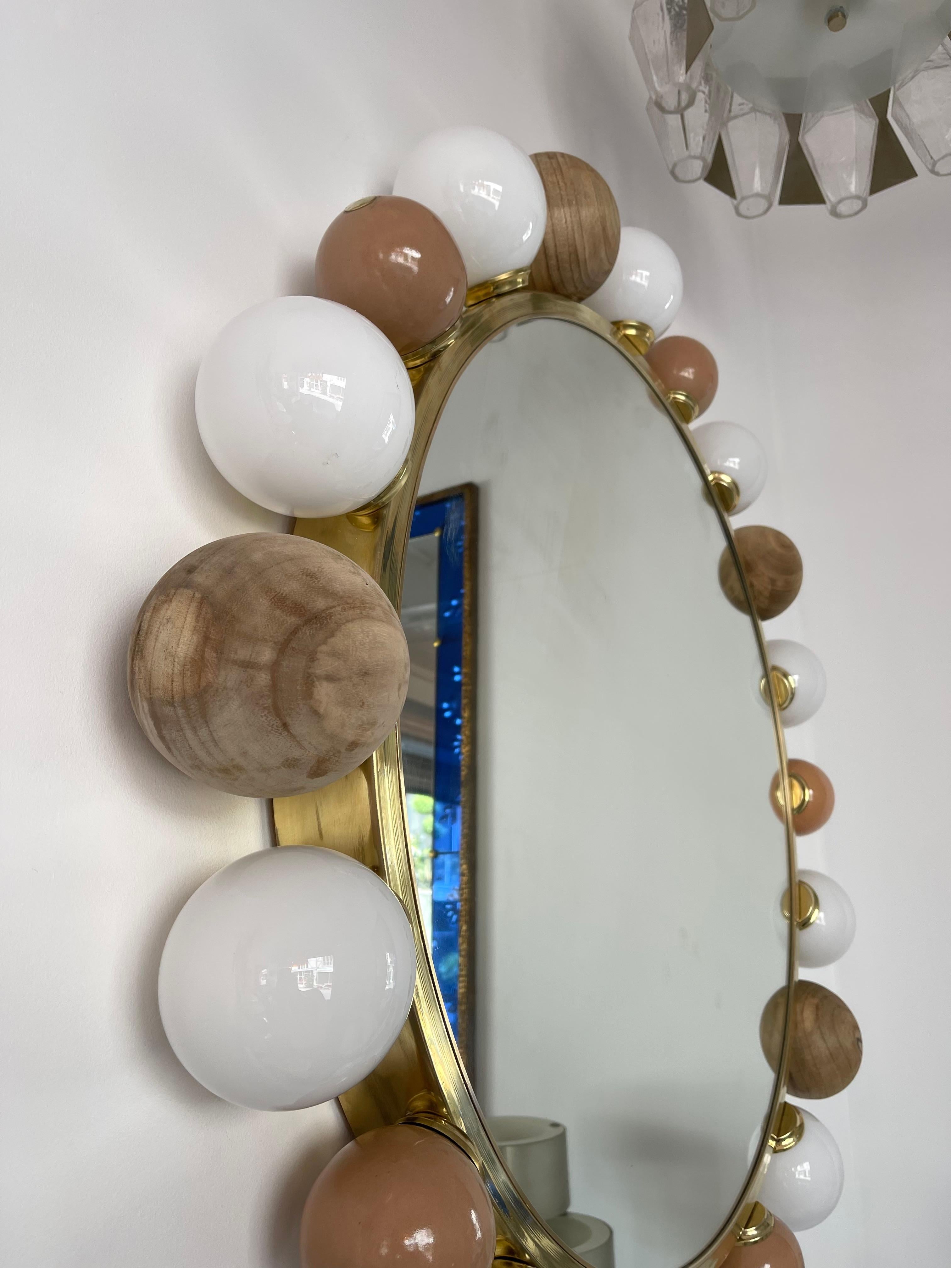 Contemporary Brass Murano Glass Wood and Ceramic Lightning Mirror, Italy 7
