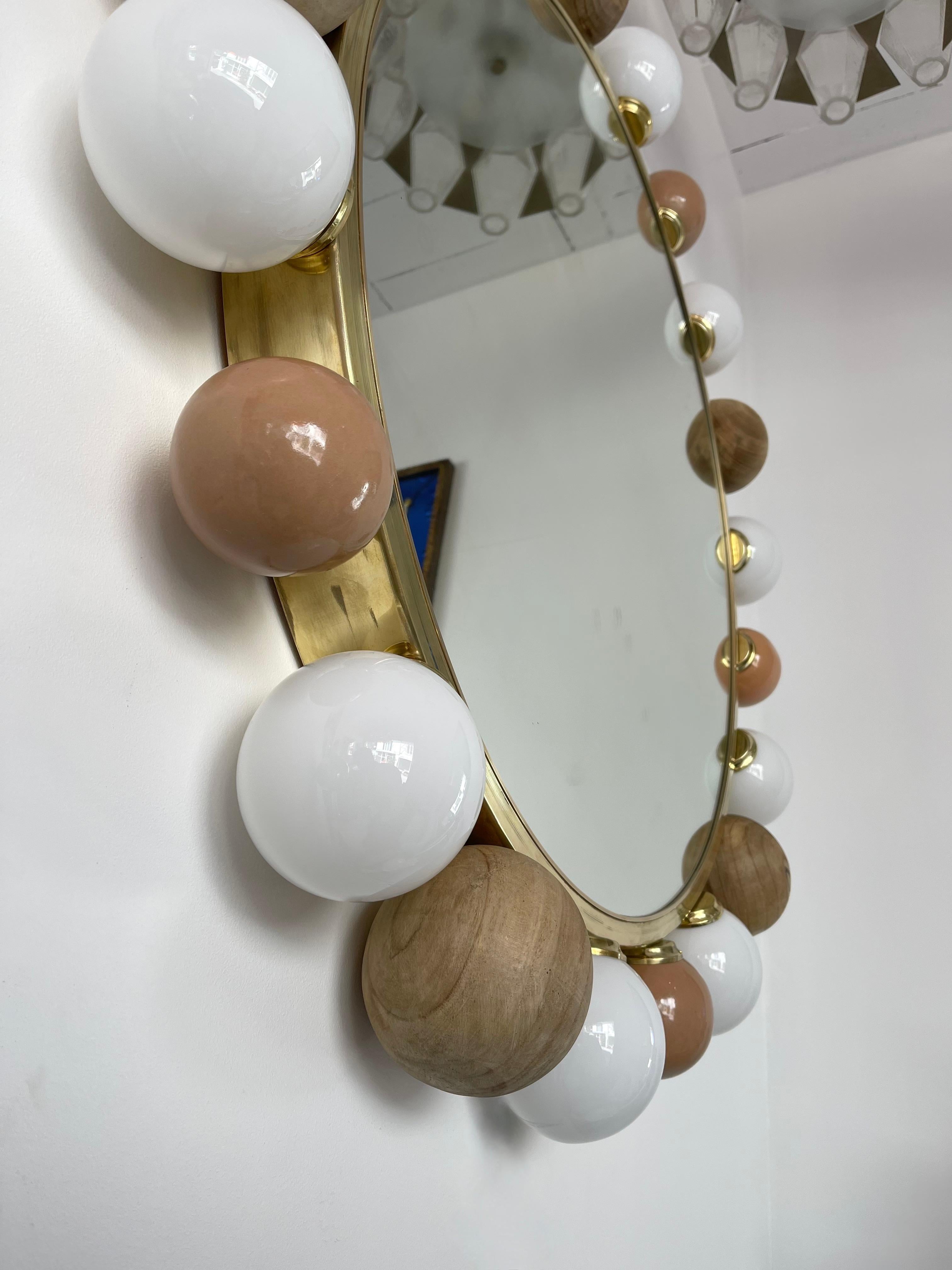 Contemporary Brass Murano Glass Wood and Ceramic Lightning Mirror, Italy 8