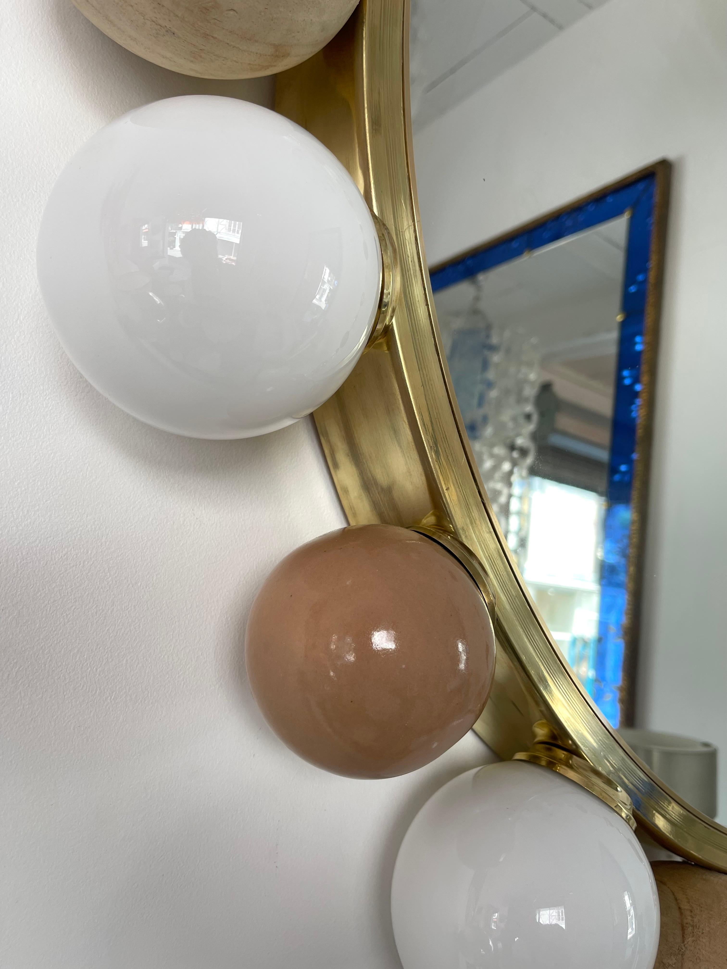 Contemporary Brass Murano Glass Wood and Ceramic Lightning Mirror, Italy 10