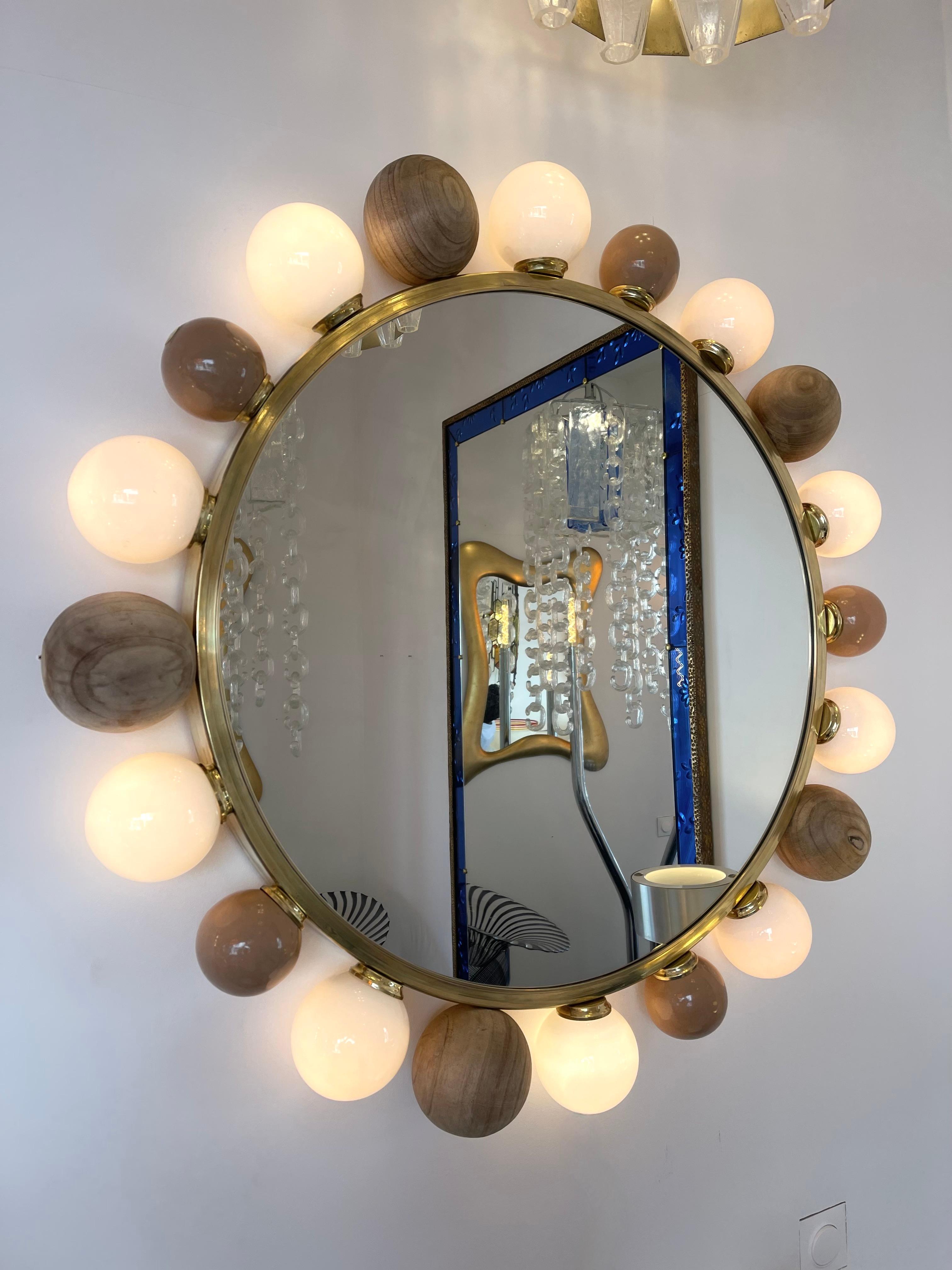 Lightning lamp sconces pannel wall Mirror in brass , Murano glass, ceramic terracotta, wood balls. Contemporary work from a small italian artisanal workshop.