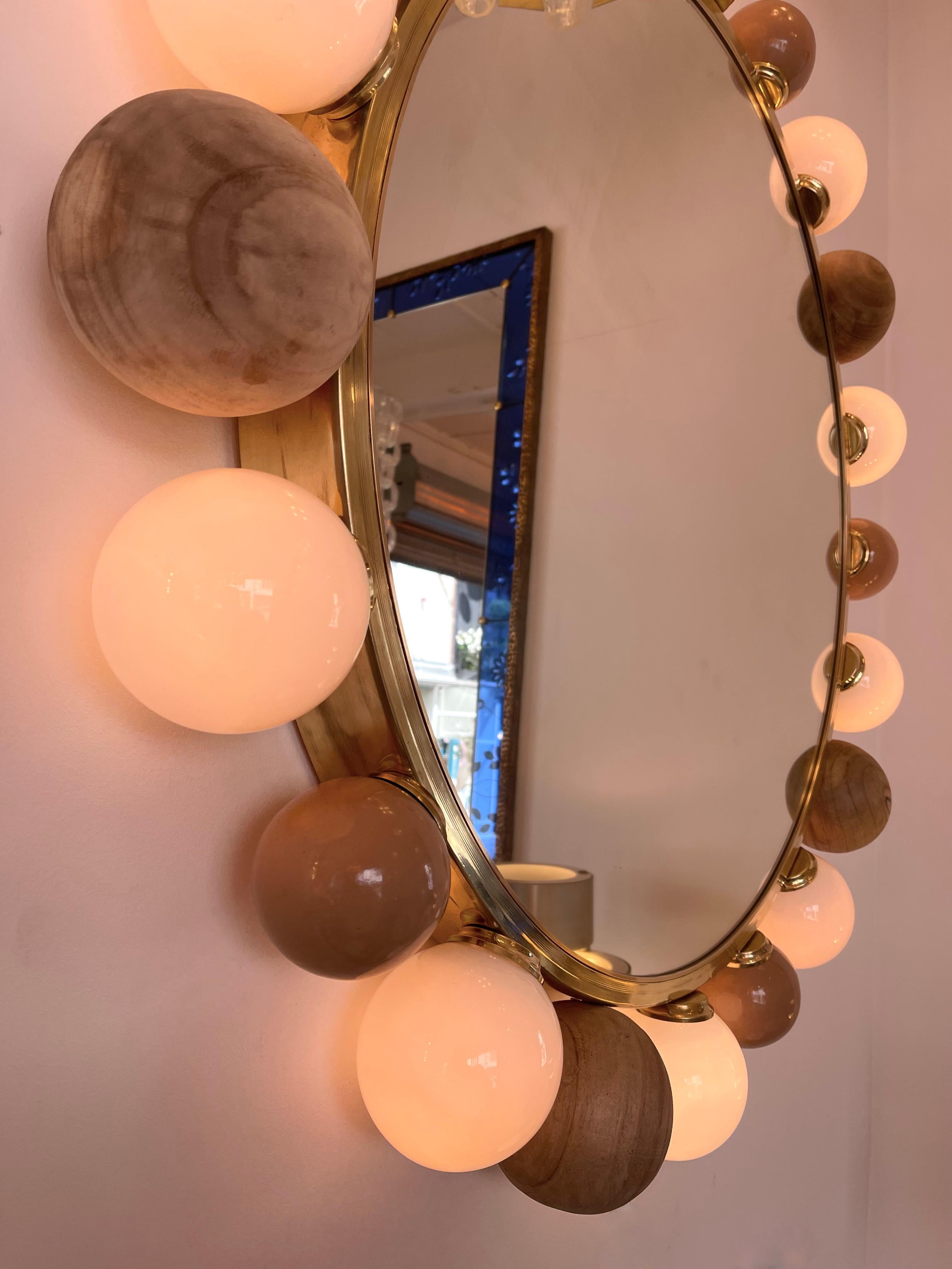 Contemporary Brass Murano Glass Wood and Ceramic Lightning Mirror, Italy In New Condition In SAINT-OUEN, FR