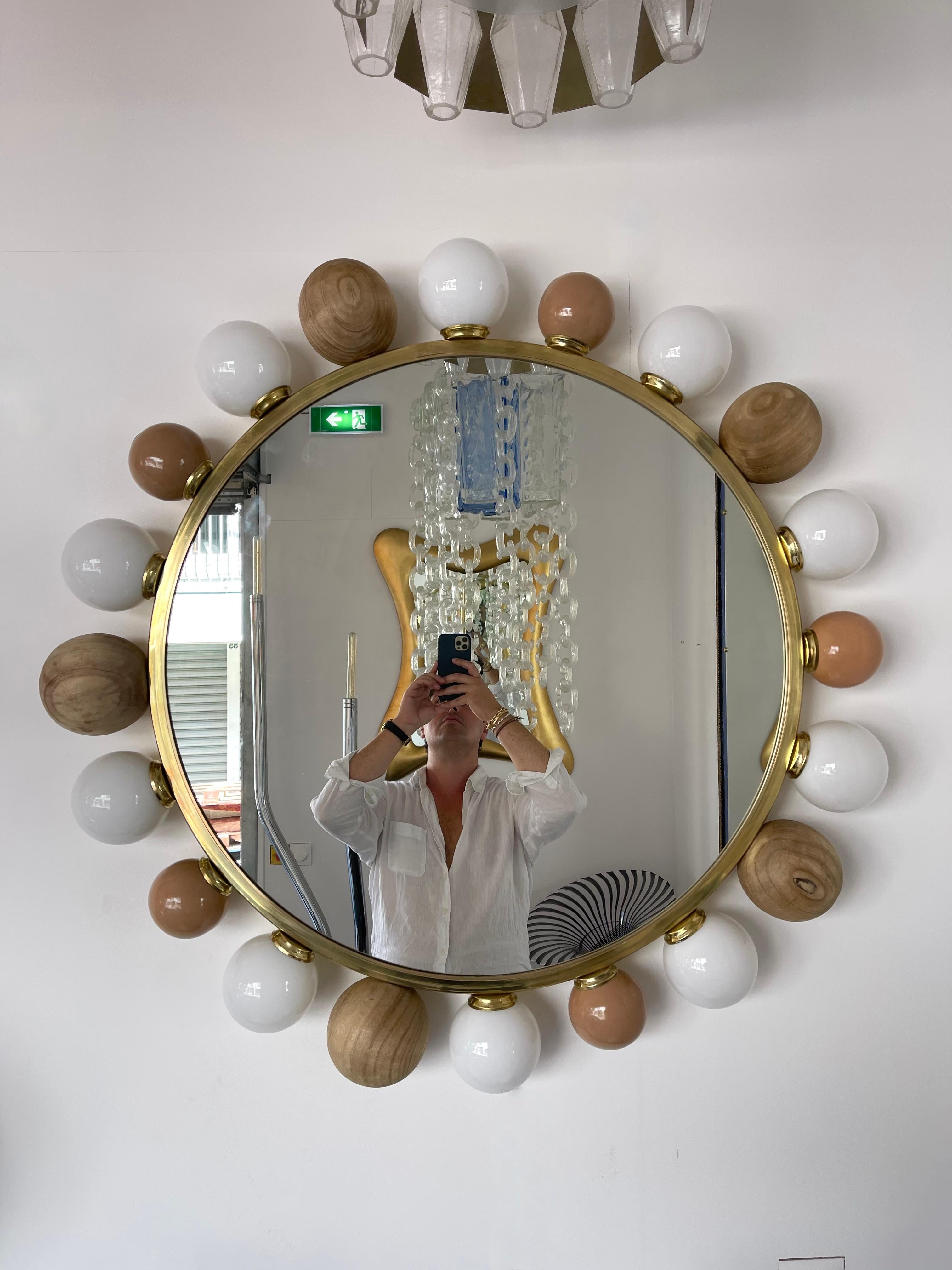 Contemporary Brass Murano Glass Wood and Ceramic Lightning Mirror, Italy 2