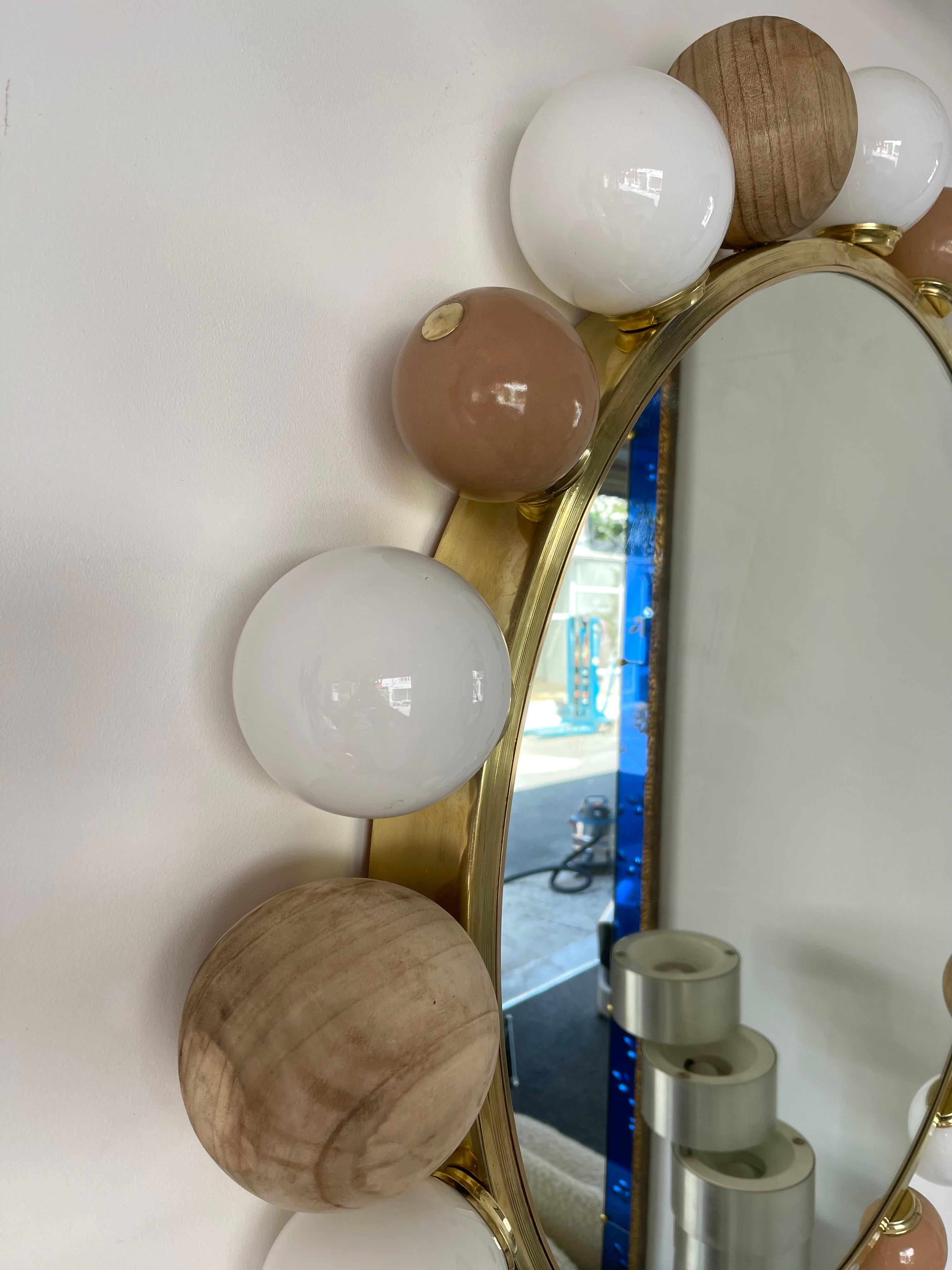 Contemporary Brass Murano Glass Wood and Ceramic Lightning Mirror, Italy 3