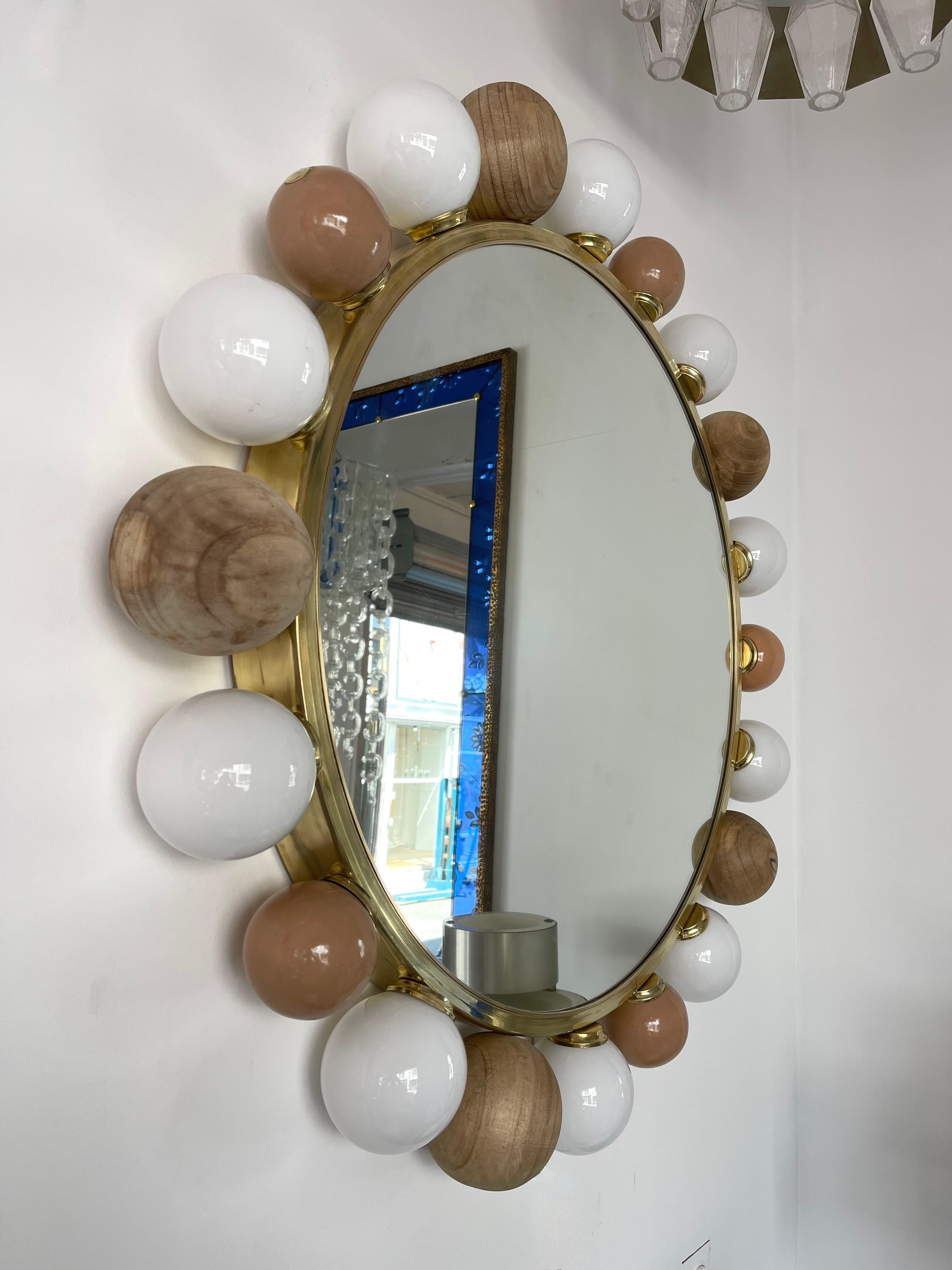 Contemporary Brass Murano Glass Wood and Ceramic Lightning Mirror, Italy 4