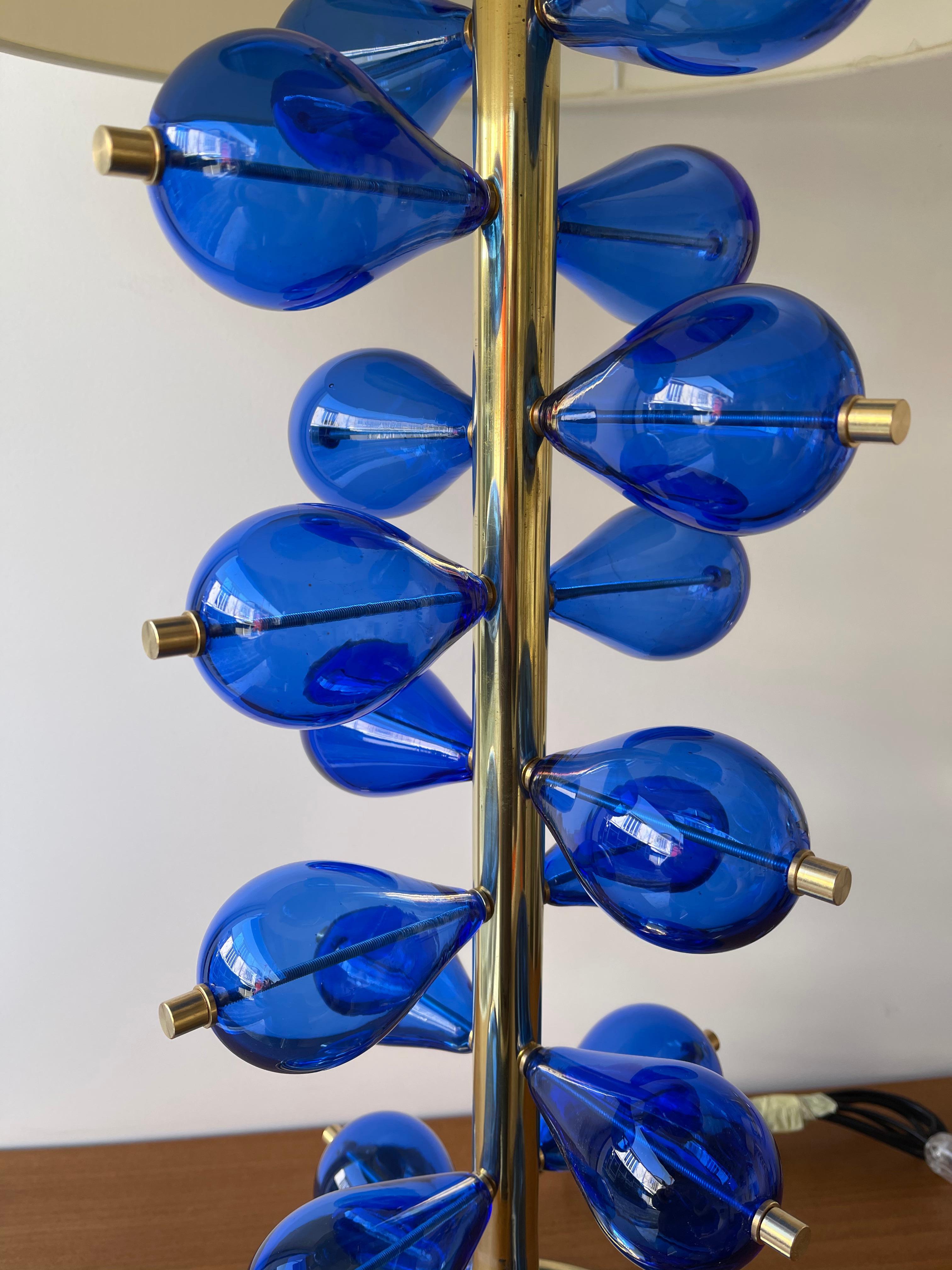 Mid-Century Modern Contemporary Brass Pair of Lamps Blue Murano Glass Bubble Drop, Italy