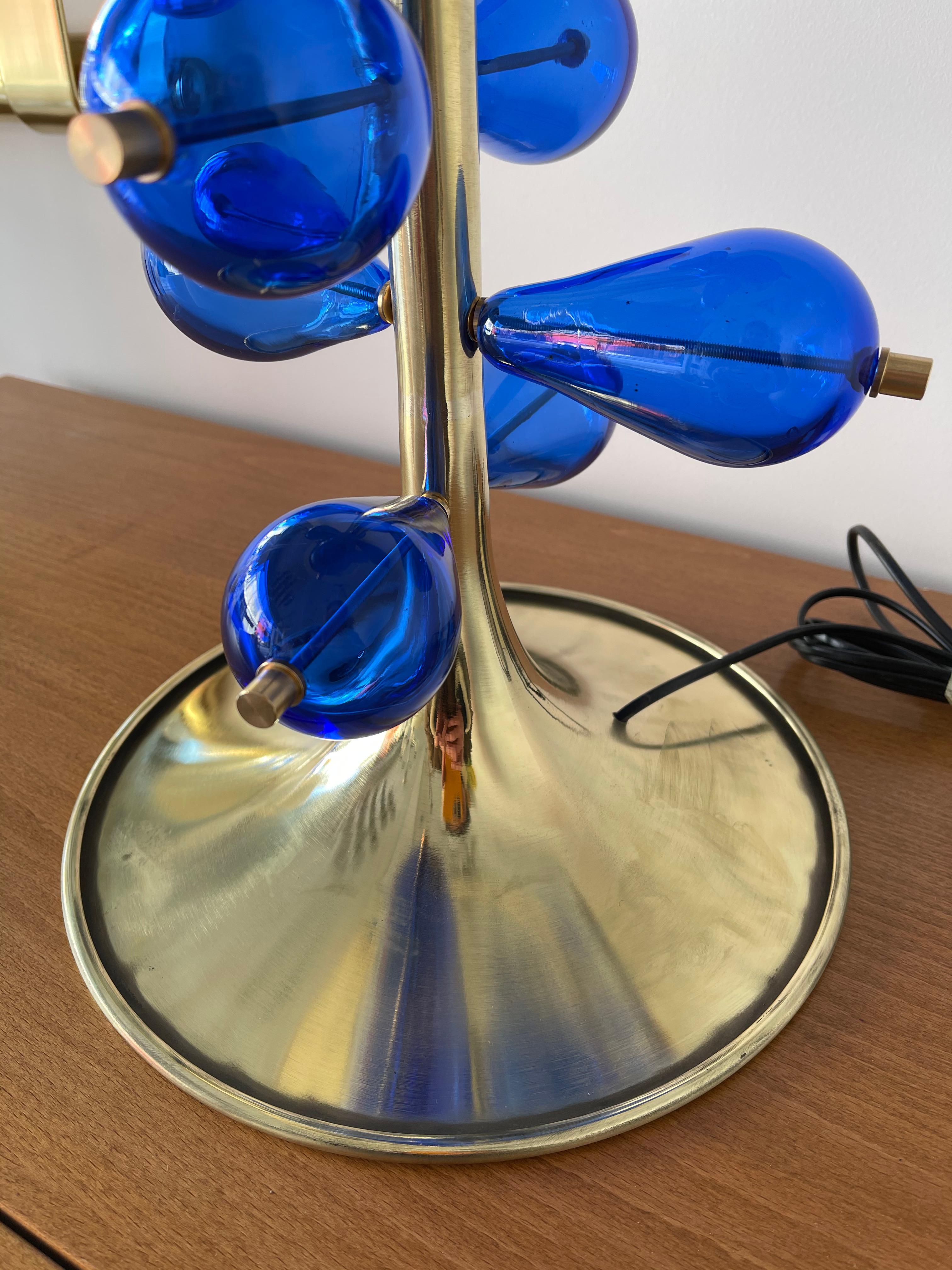 Contemporary Brass Pair of Lamps Blue Murano Glass Bubble Drop, Italy 2