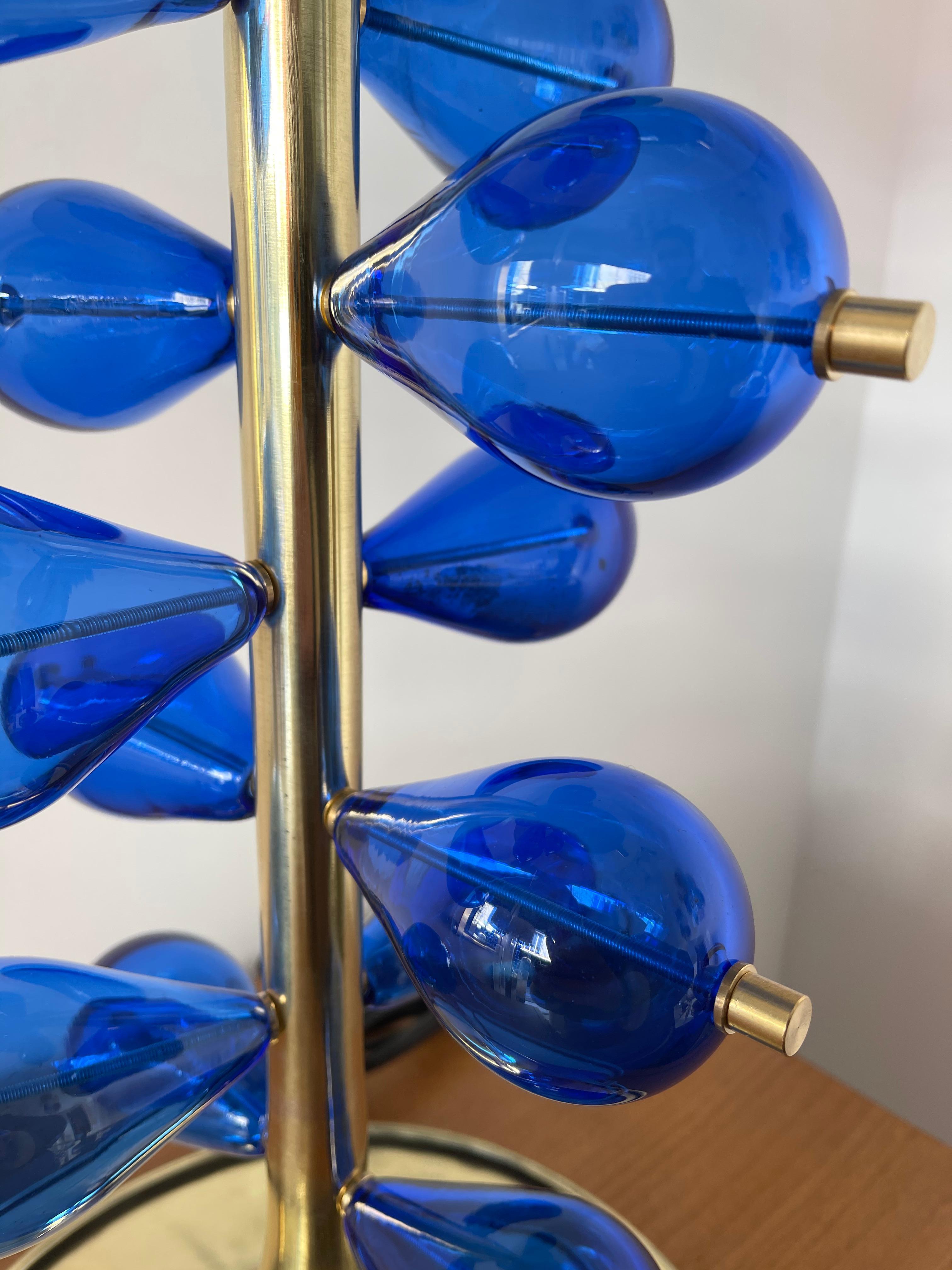 Contemporary Brass Pair of Lamps Blue Murano Glass Bubble Drop, Italy 3