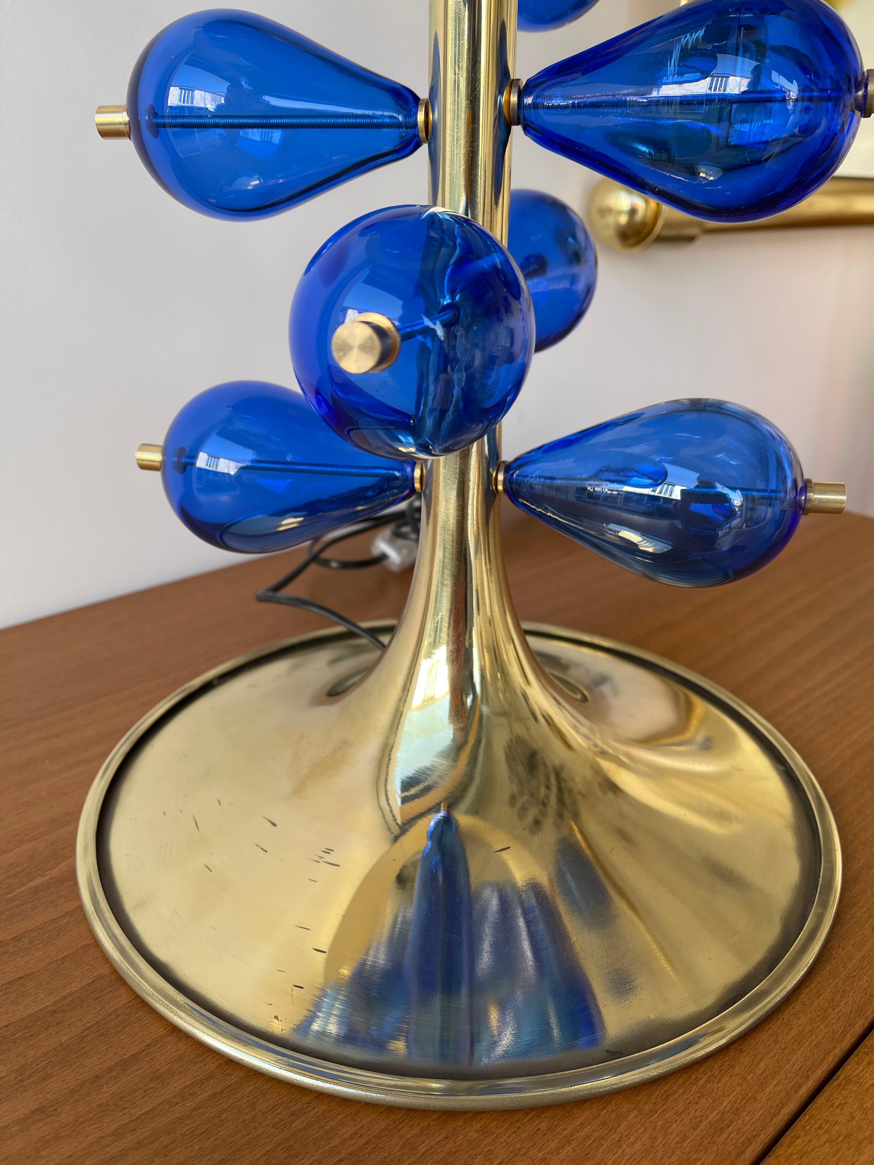 Contemporary Brass Pair of Lamps Blue Murano Glass Bubble Drop, Italy 4