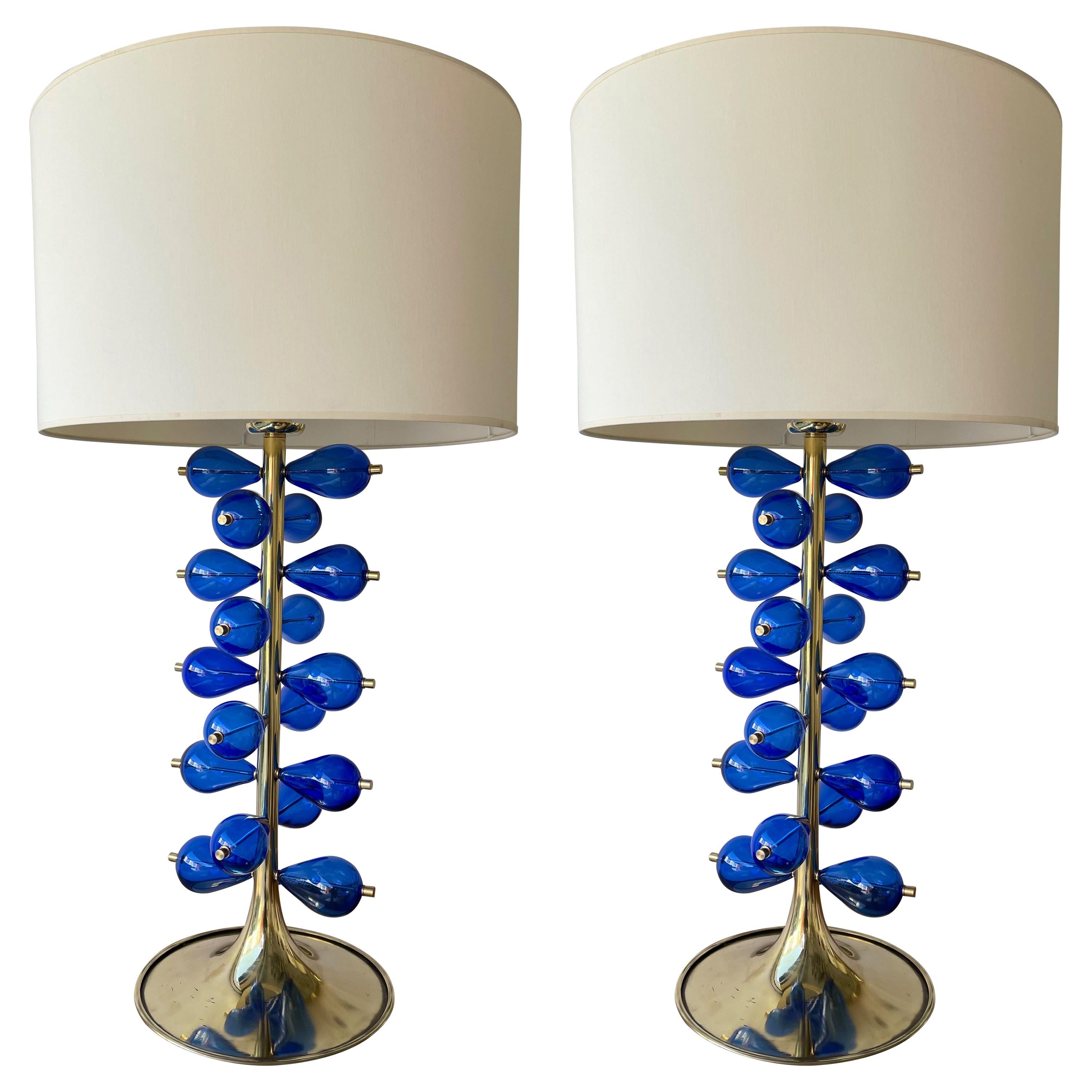 Contemporary Brass Pair of Lamps Blue Murano Glass Bubble Drop, Italy