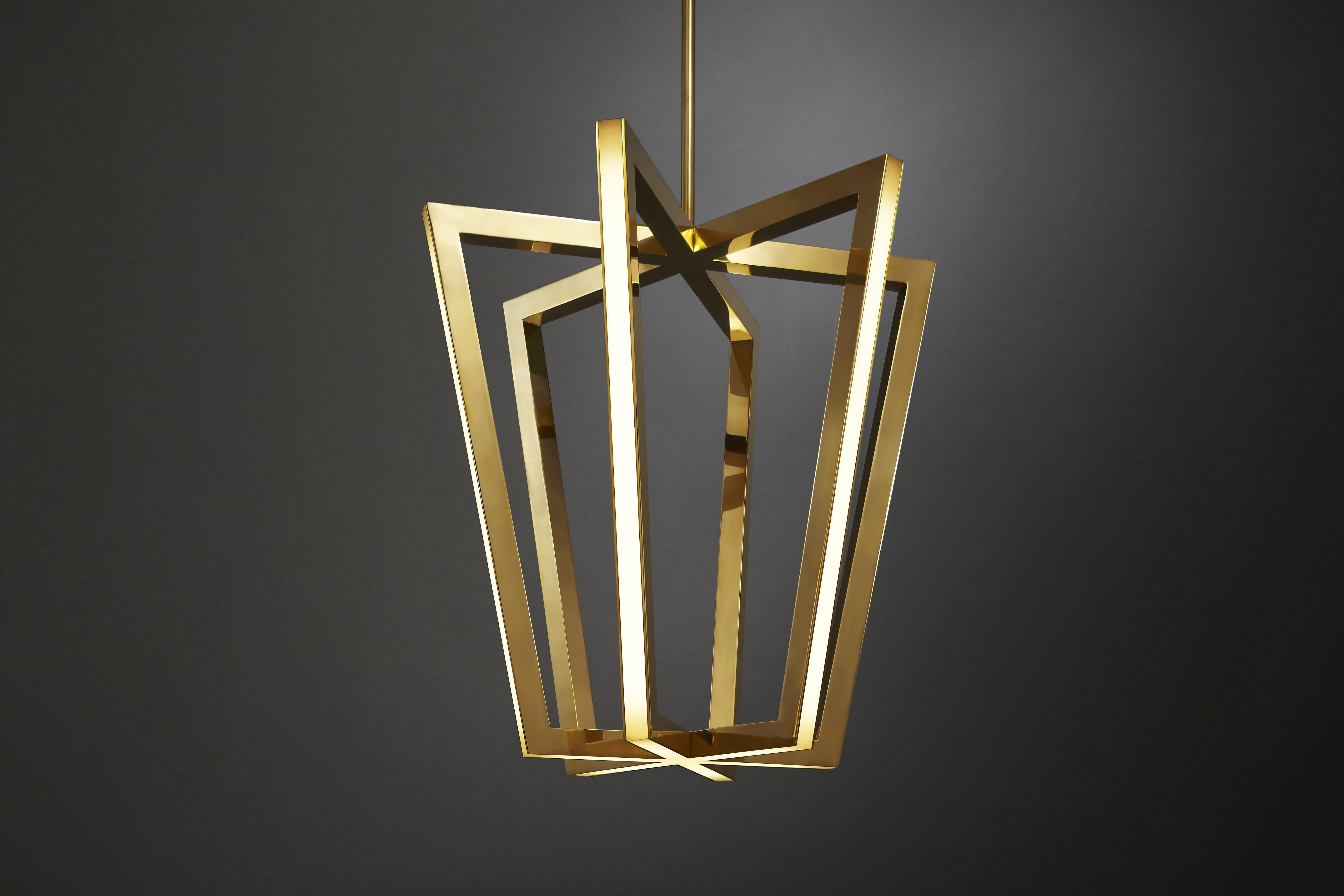 Contemporary polished brass pendant light - Asterix by Christopher Boots

Geometry, a core language of the ASTERIX series, is expressed as timeless objects of light. Reworking the concept of the traditional lantern to displace the light source