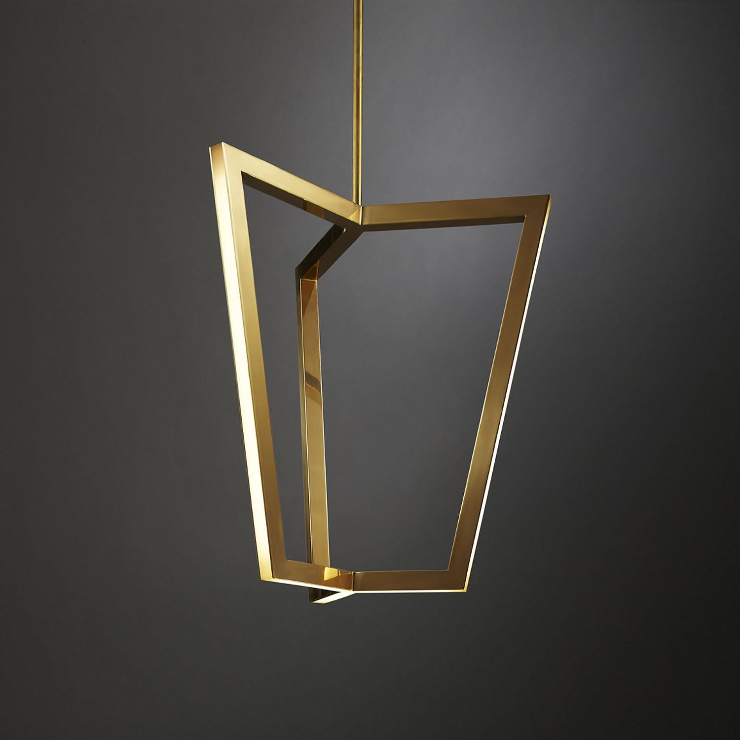 Contemporary polished brass pendant light - Triptyx by Christopher Boots

Geometry, a core language of the ASTERIX series, is expressed as timeless objects of light. Reworking the concept of the traditional lantern to displace the light source