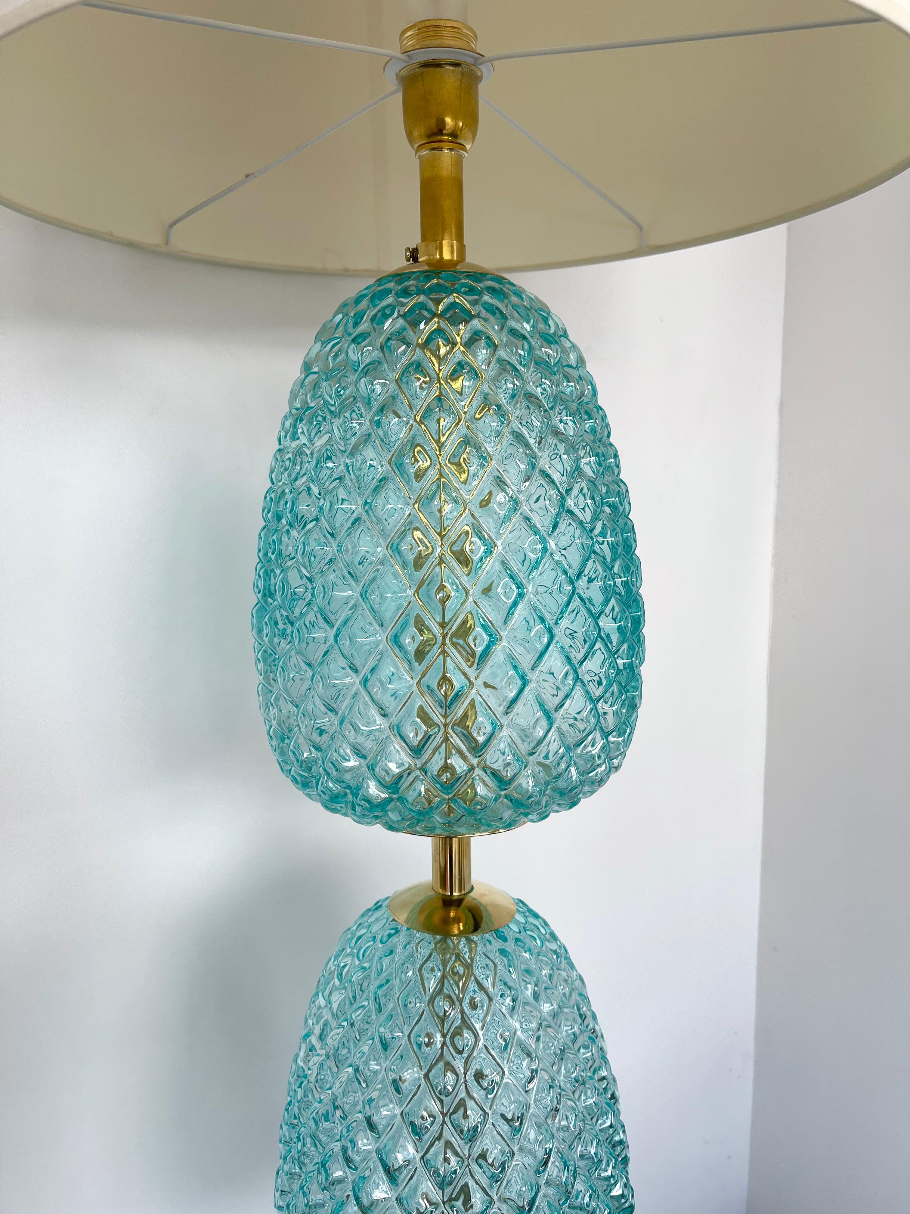 Floor lamp in brass and large baby blue turquoise murano glass palm tree pineapple. Few exclusive production from a small italian design workshop. In the mood of Veronese, Mazzega, La Murrina, Maison Charles, Jansen, Venini, Vistosi, Seguso,