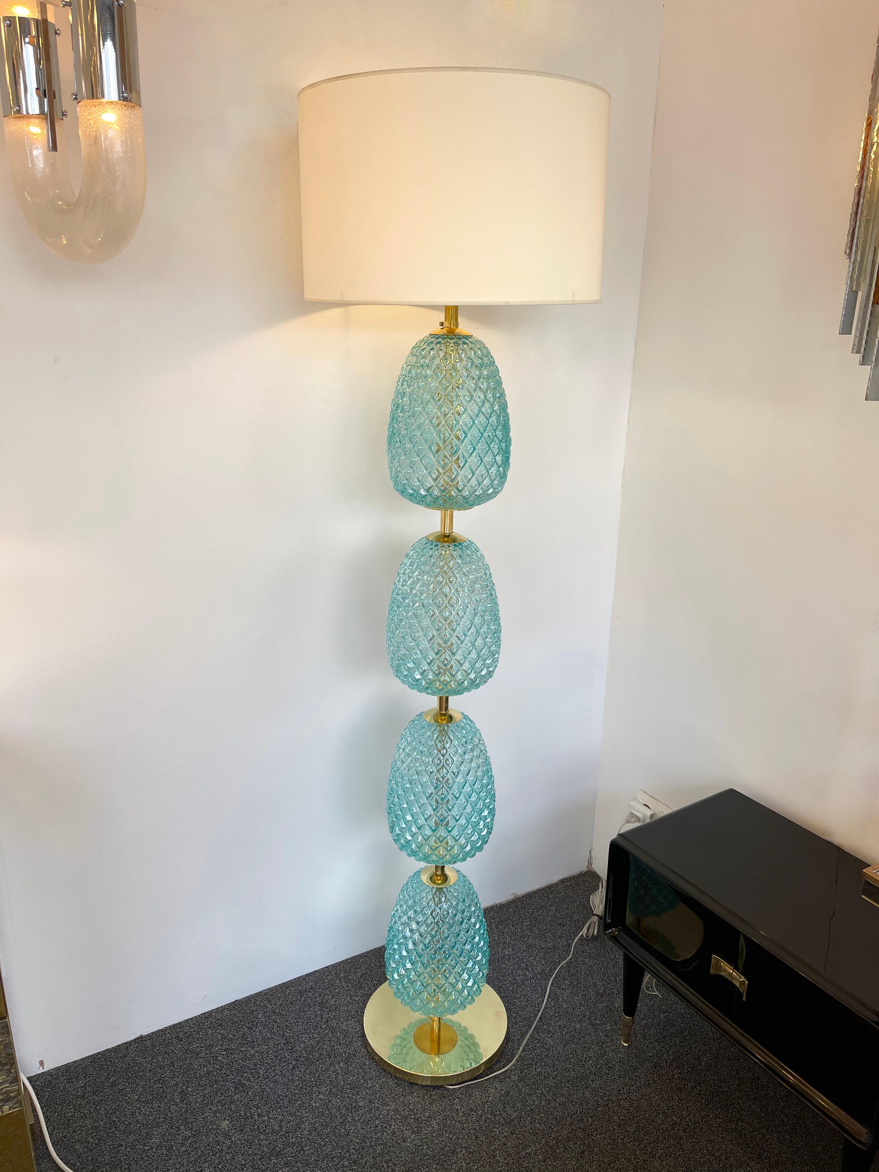 Mid-Century Modern Contemporary Brass Pineapple Murano Glass Floor Lamp, Italy For Sale