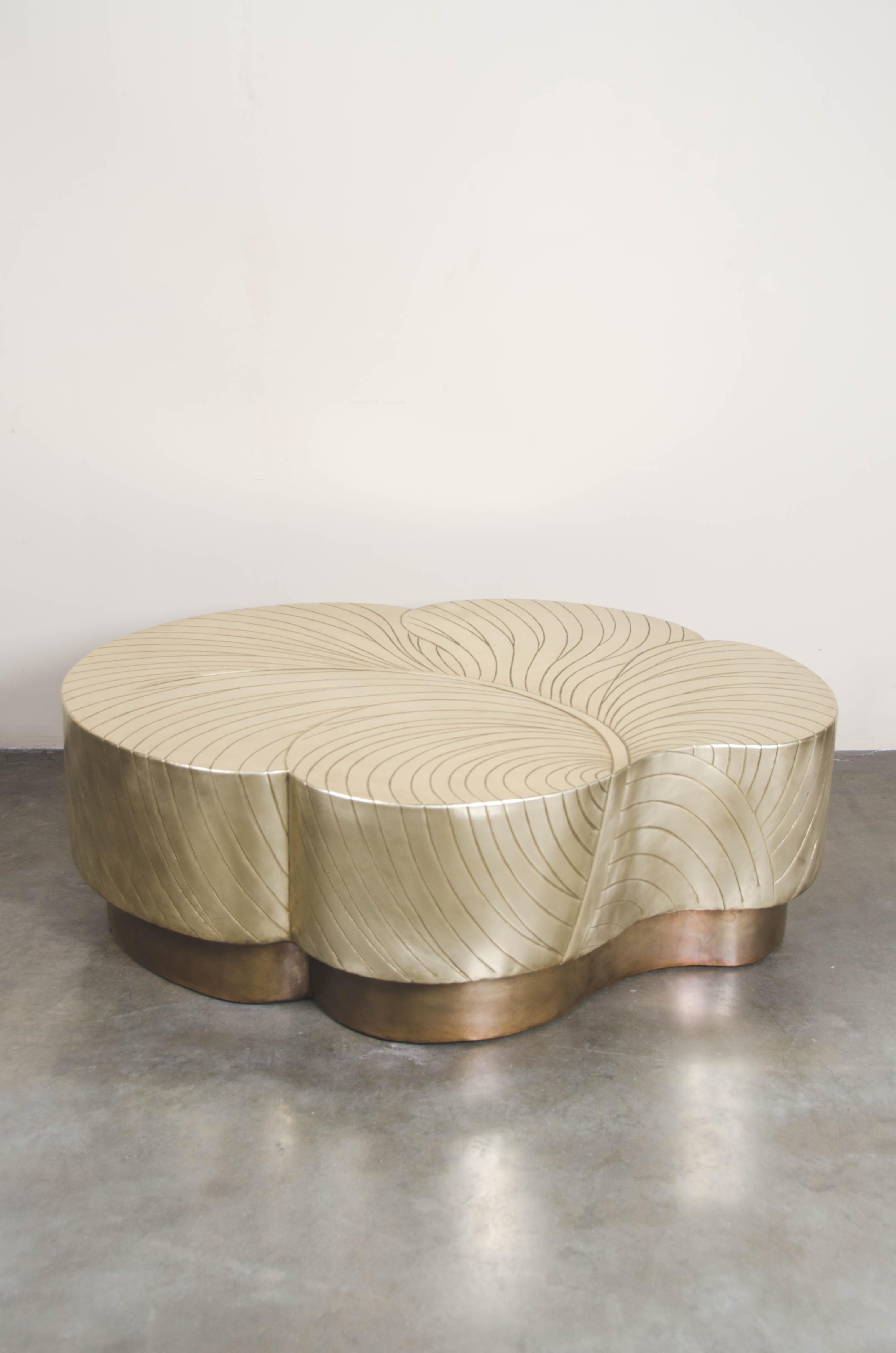 Modern Contemporary Brass Repoussé Leaf Design Cocktail Table by Robert Kuo, Limited 