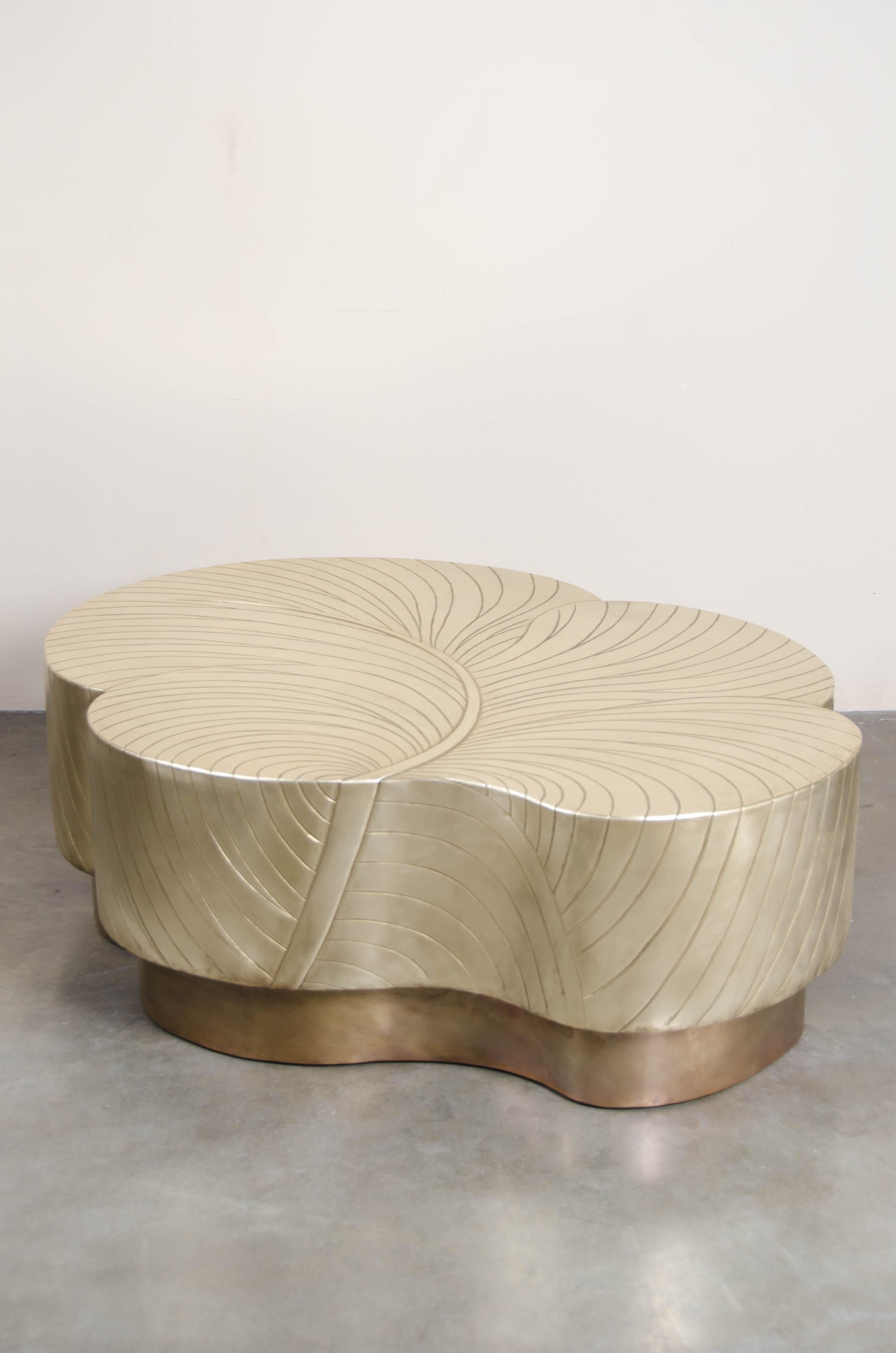Contemporary Brass Repoussé Leaf Design Cocktail Table by Robert Kuo, Limited  In New Condition In Los Angeles, CA