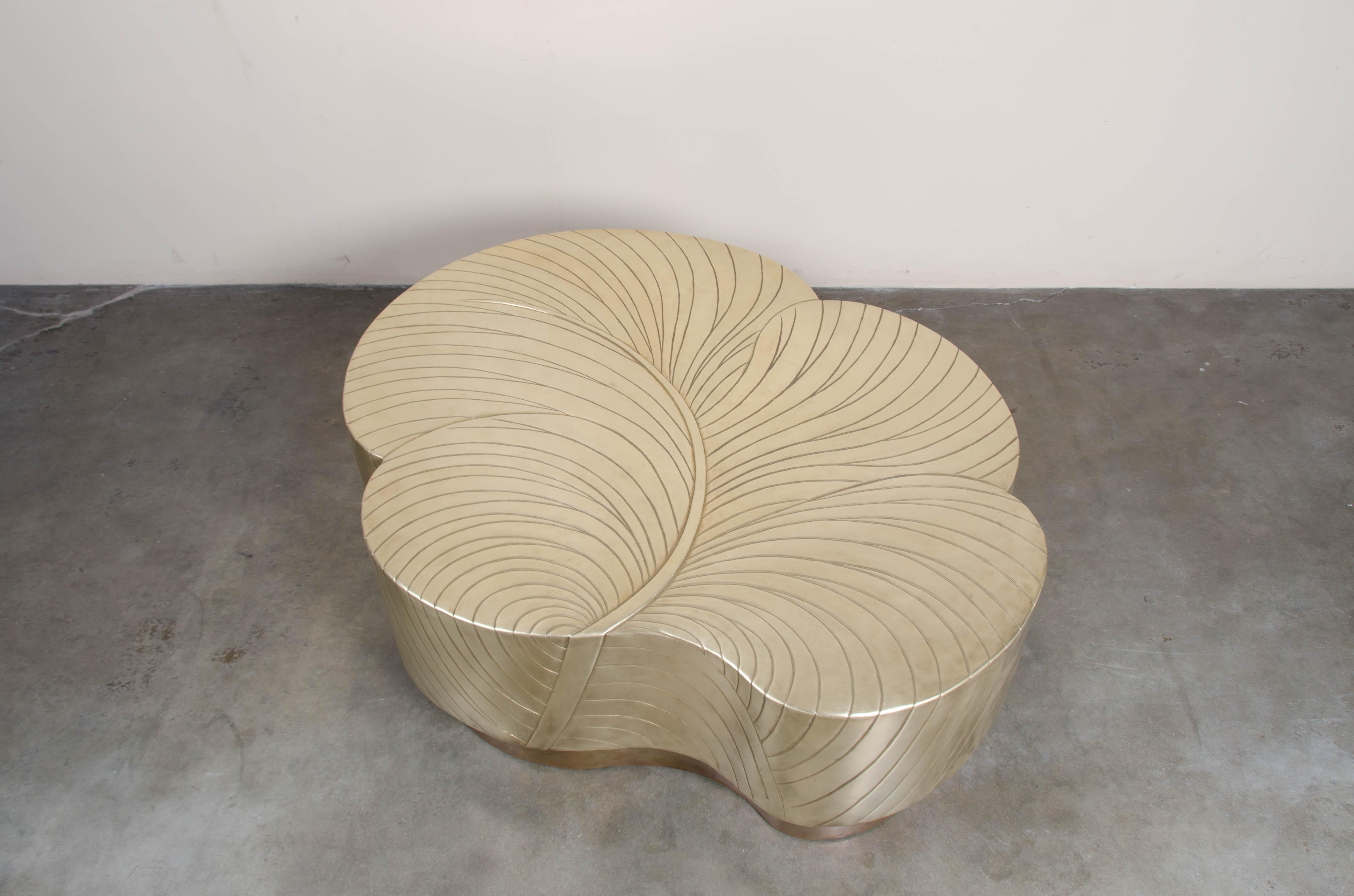 Contemporary Brass Repoussé Leaf Design Cocktail Table by Robert Kuo, Limited  2