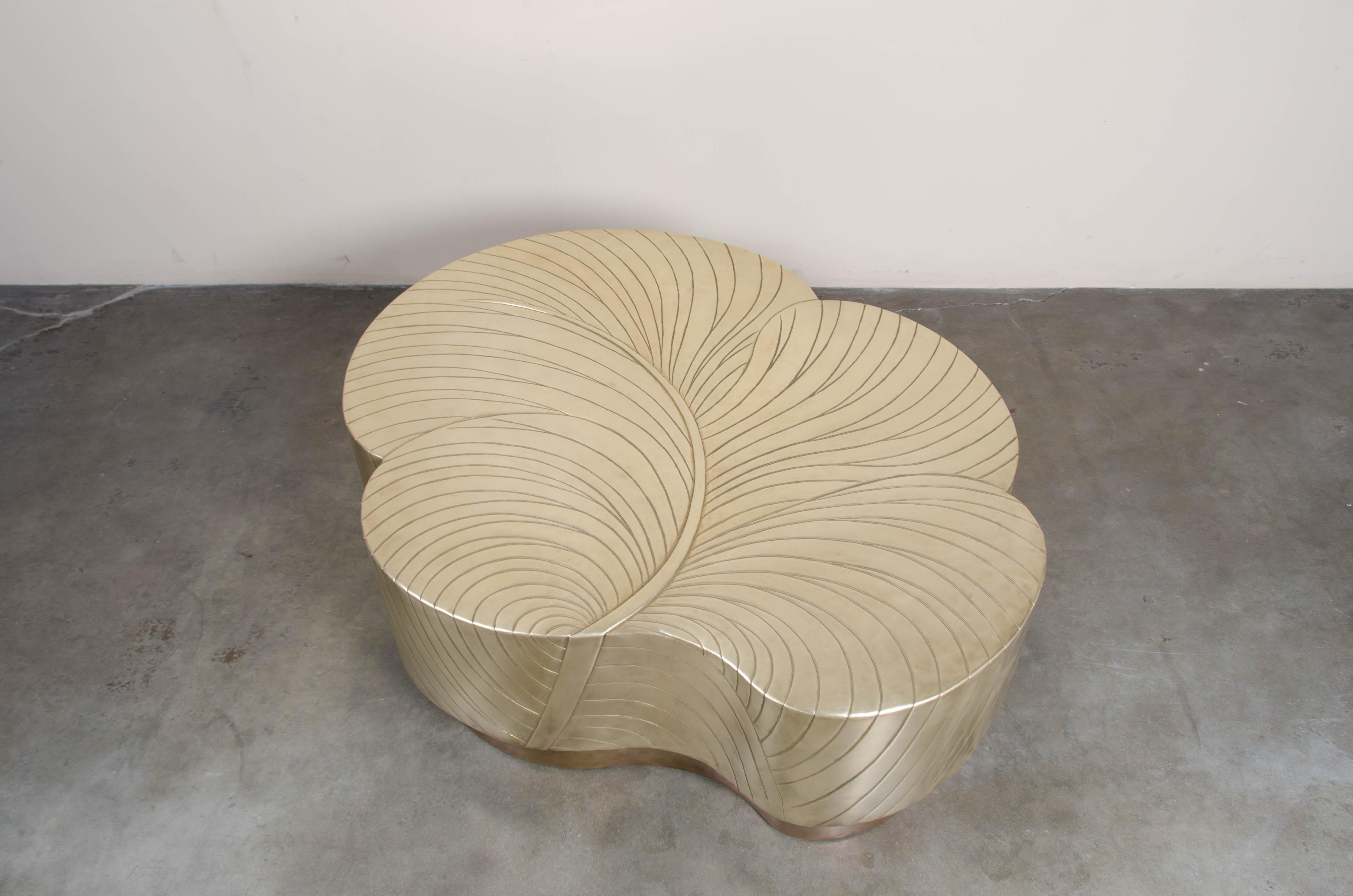 Contemporary Brass Repoussé Leaf Design Cocktail Table by Robert Kuo, Limited 2