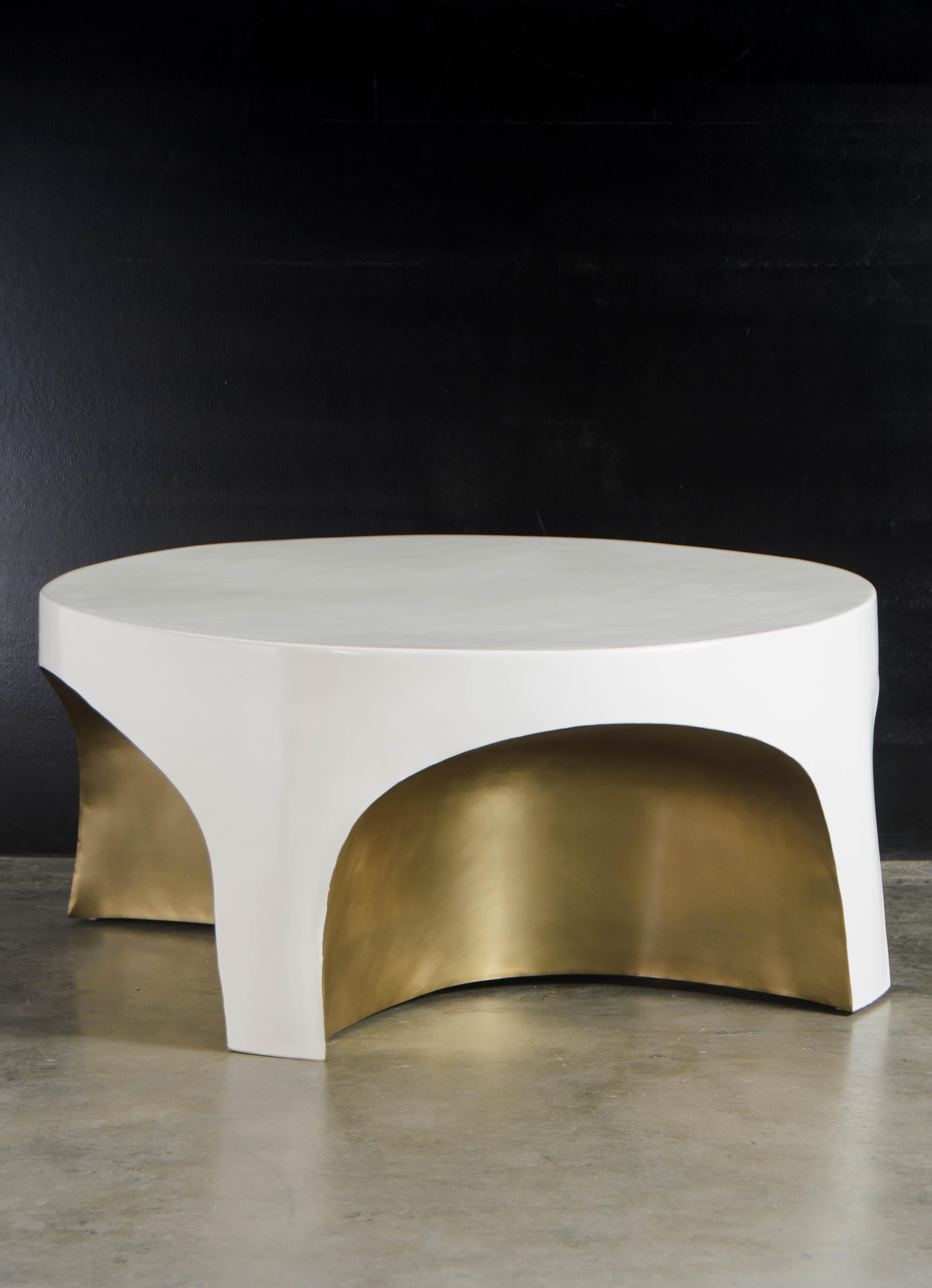Modern Contemporary Brass Rimmed Curved Table w/ Cream Lacquer by Robert Kuo For Sale