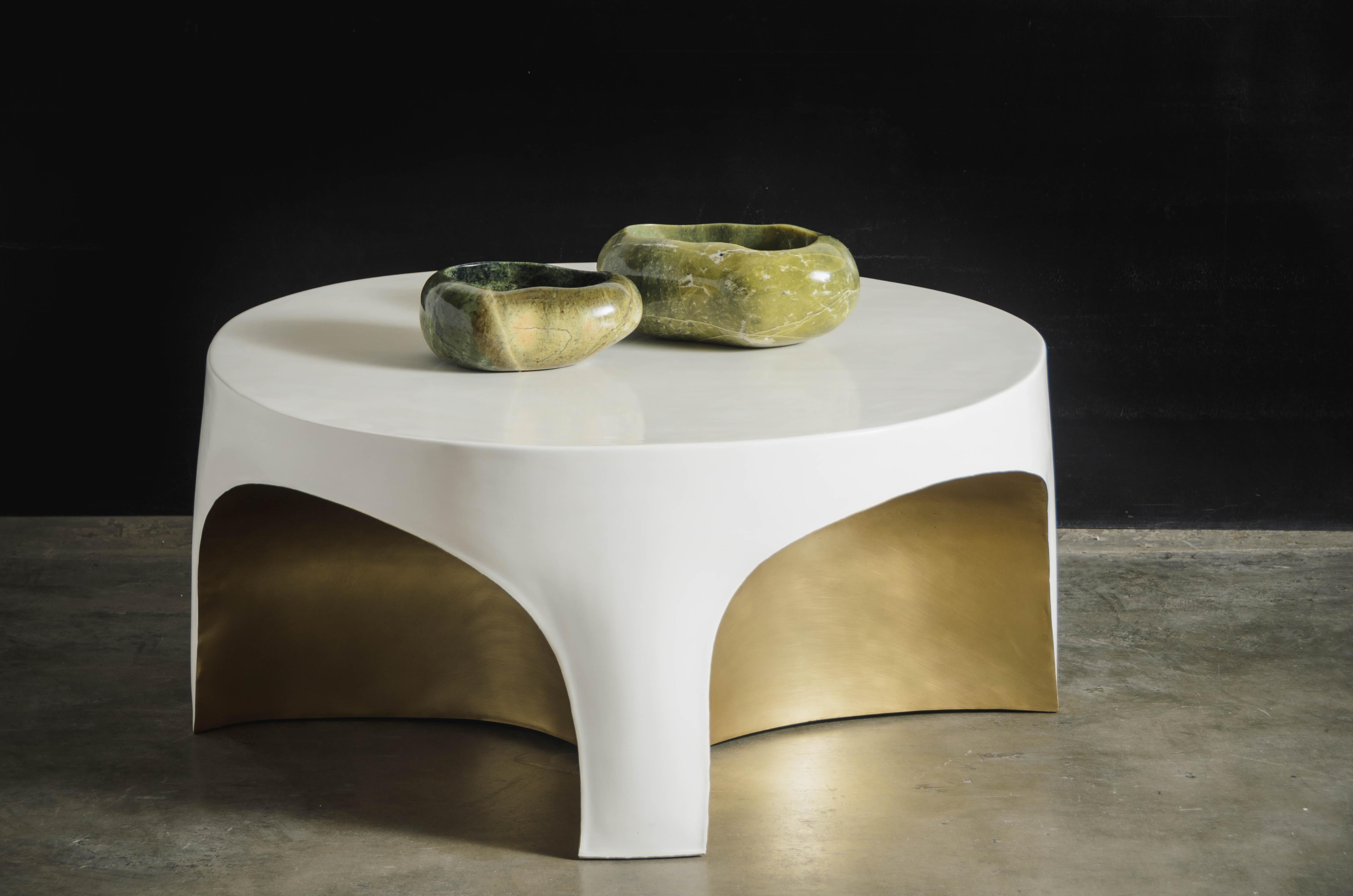Repoussé Contemporary Brass Rimmed Curved Table w/ Cream Lacquer by Robert Kuo For Sale