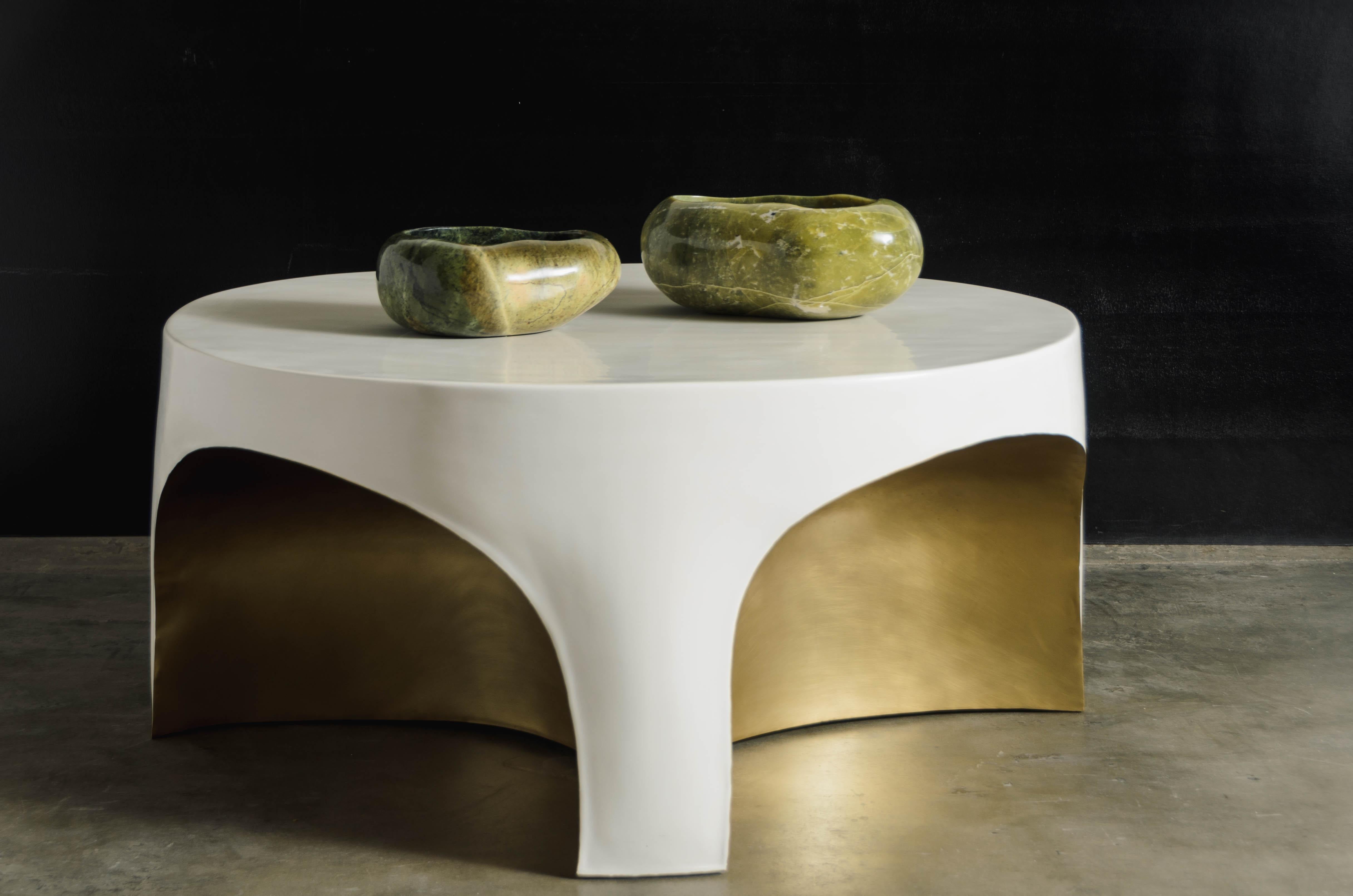 Contemporary Brass Rimmed Curved Table w/ Cream Lacquer by Robert Kuo In New Condition For Sale In Los Angeles, CA