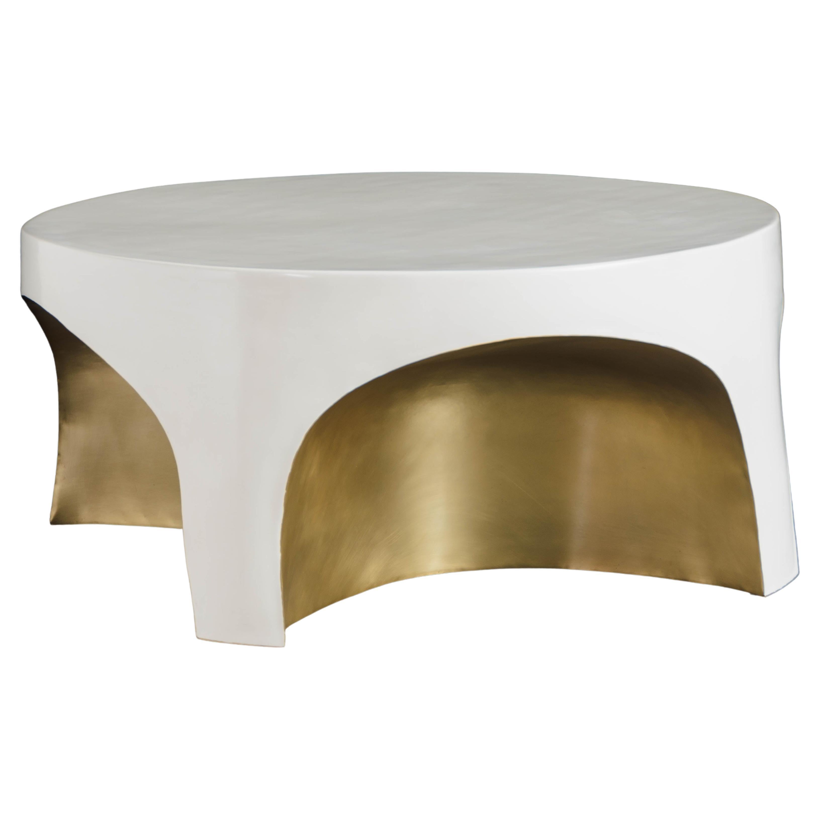 Contemporary Brass Rimmed Curved Table w/ Cream Lacquer by Robert Kuo For Sale