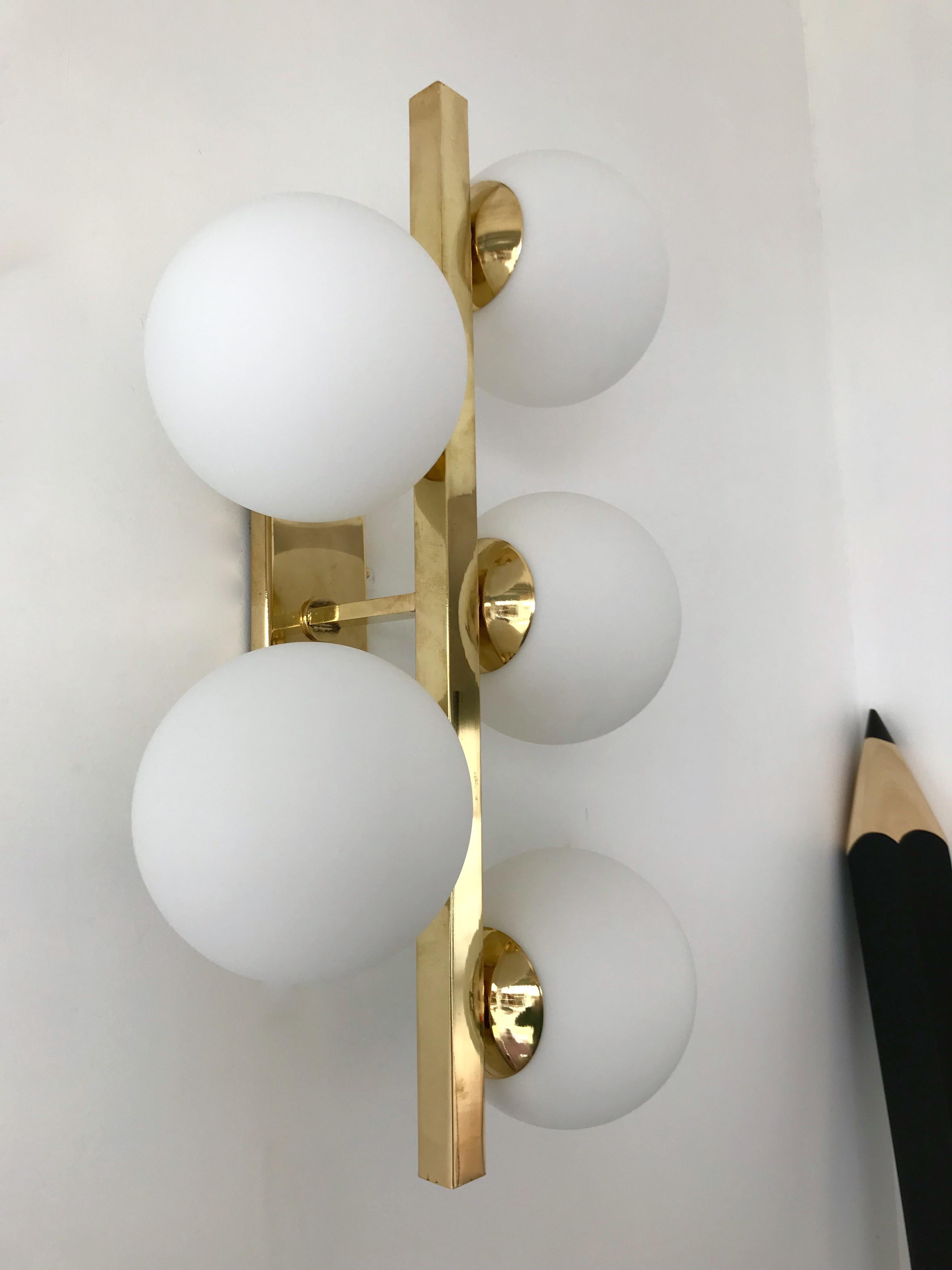 Mid-Century Modern Contemporary Brass Sconces Opaline Glass Ball, Italy For Sale