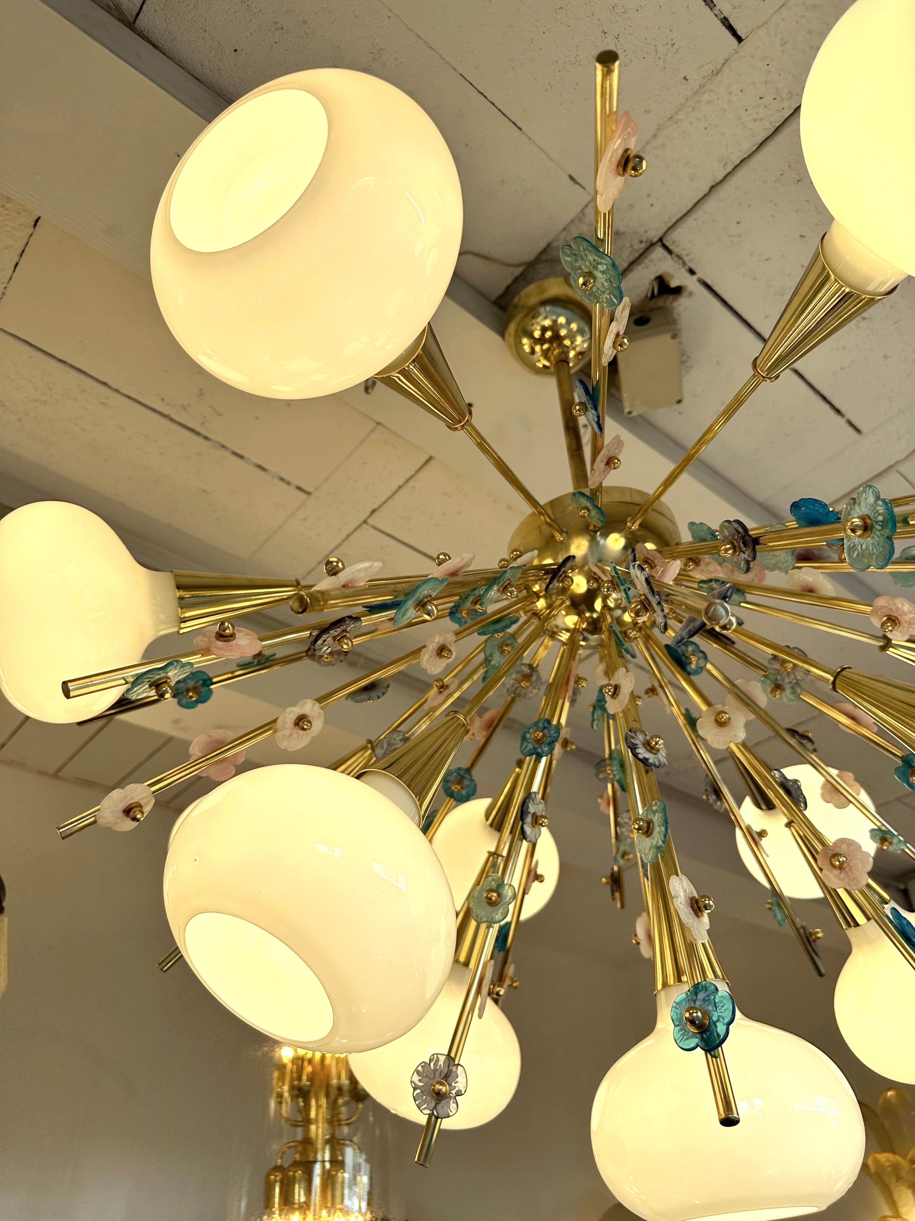 Brass sputnik chandelier ceiling pendant light lamp with white Murano glass cup and a lot of Murano glass flowers blue, pink, white, acquamarina turquoise. Contemporary work from a small italian design artisanal workshop. In the mood of Mid-Century