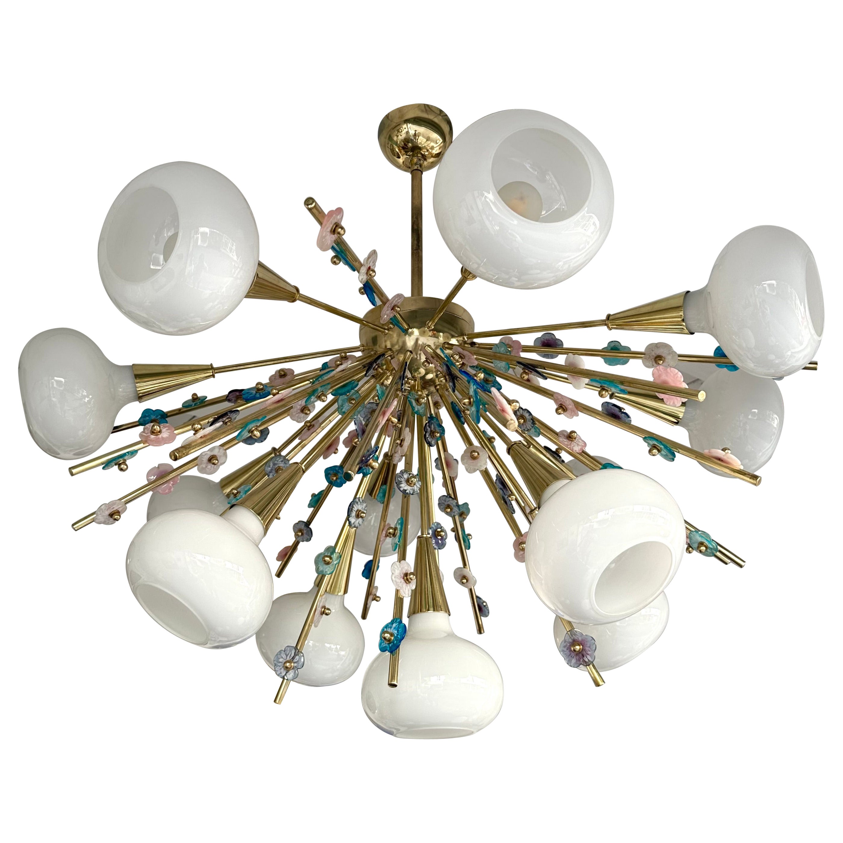 Contemporary Brass Sputnik Chandelier Flowers Murano Glass White Cup, Italy