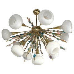 Contemporary Brass Sputnik Chandelier Flowers Murano Glass White Cup, Italy
