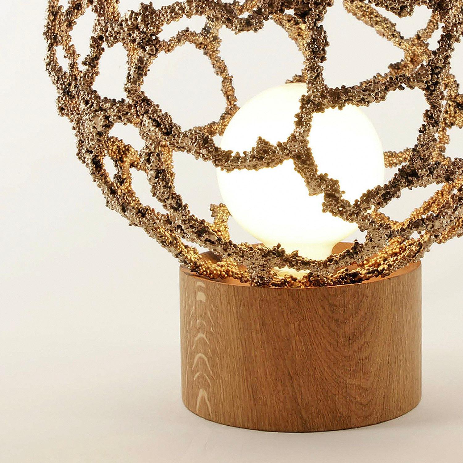 Contemporary brass table lamp - Core table light by Johannes Hemann

Material: Steel, Brass, Oak
Dimensions: Ø 30 x H 40 cm

Just like the universe is made from smallest parts, the atoms, Core has been built from small beads. It is an