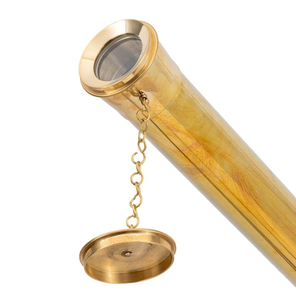 Télescope contemporain en laiton, sur un trépied réglable en teck, relié à un brancard central en mailles de chaîne. 62