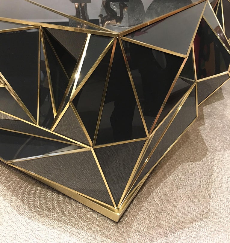 American Modern Geometric Black Glass and Brass Coffee Table For Sale