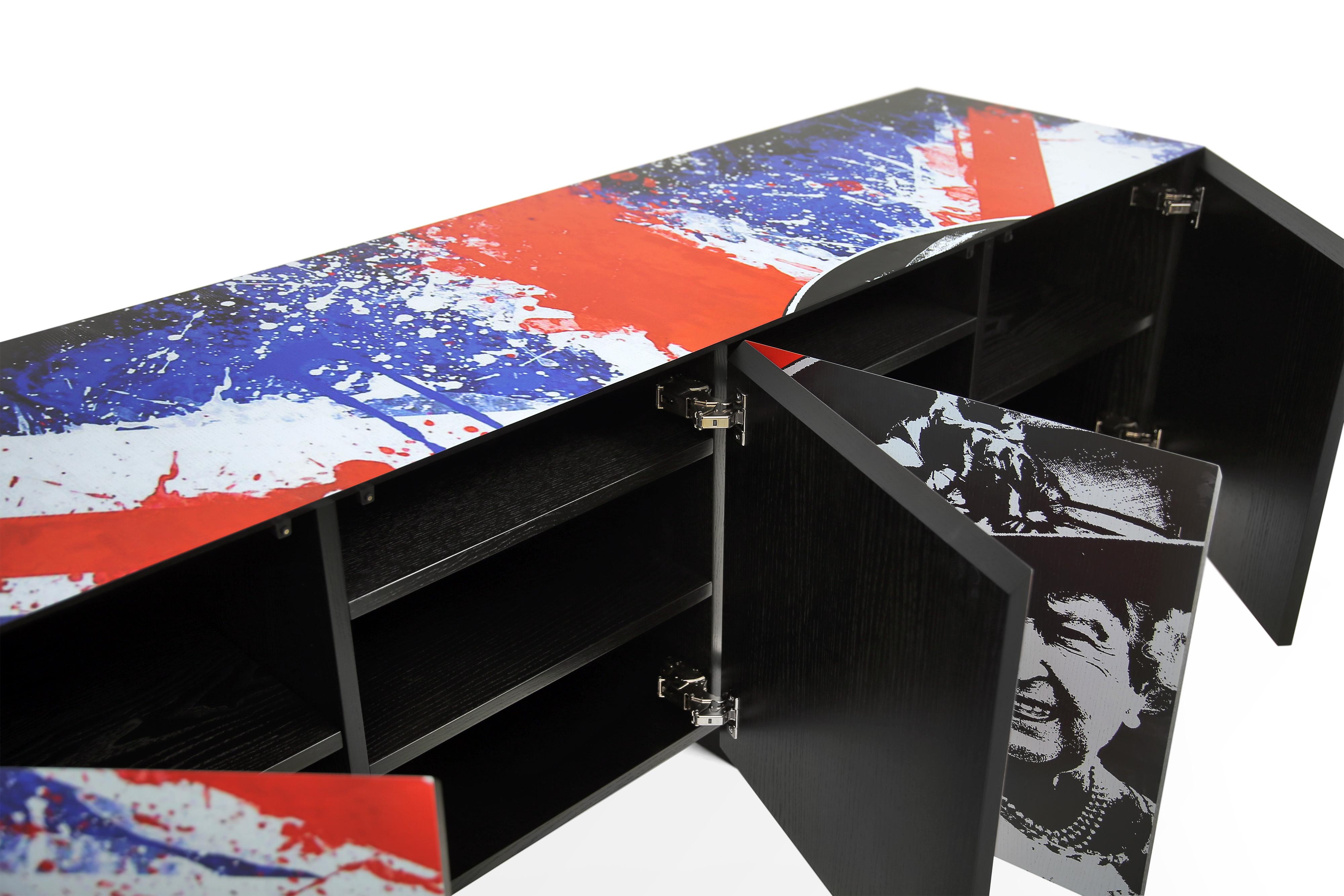 Modern Contemporary Brexit Sideboard or Credenza with Graffiti Art and Oak Veneer For Sale