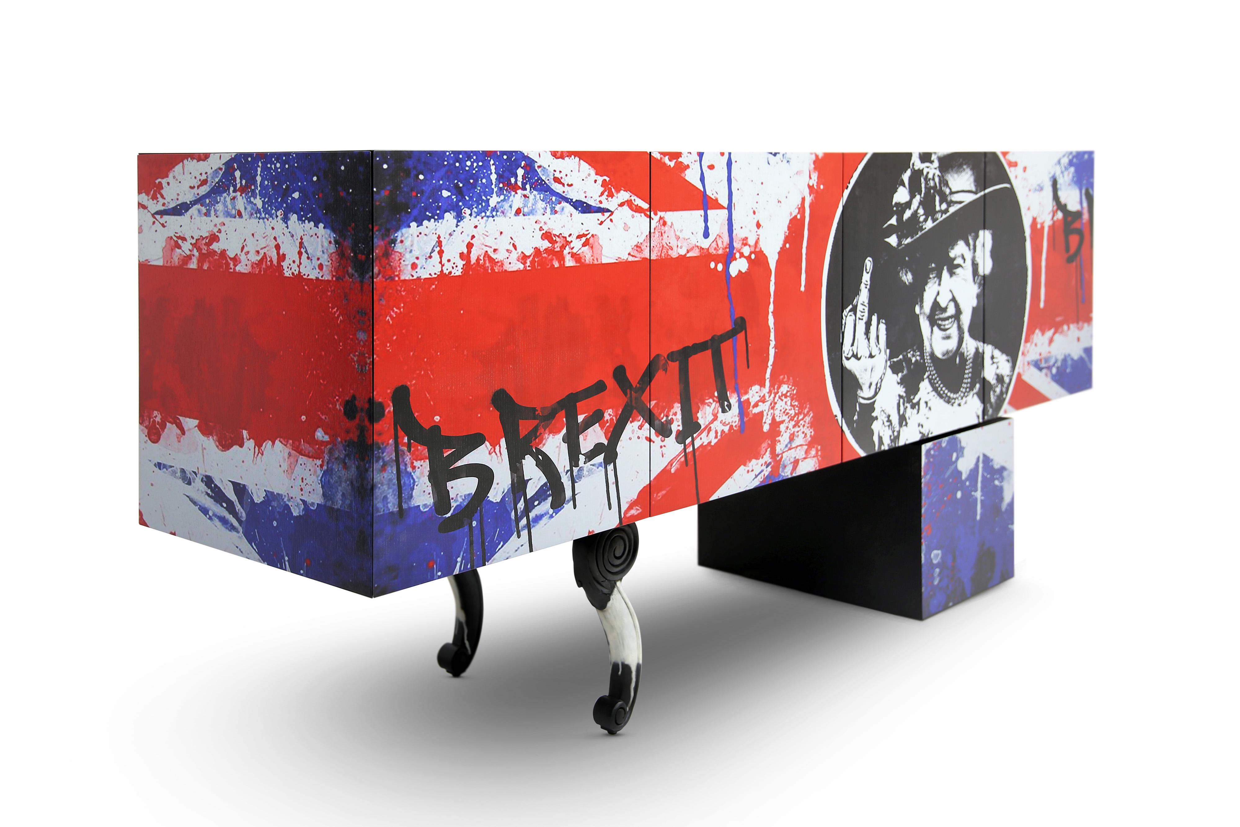 Latvian Contemporary Brexit Sideboard or Credenza with Graffiti Art and Oak Veneer For Sale