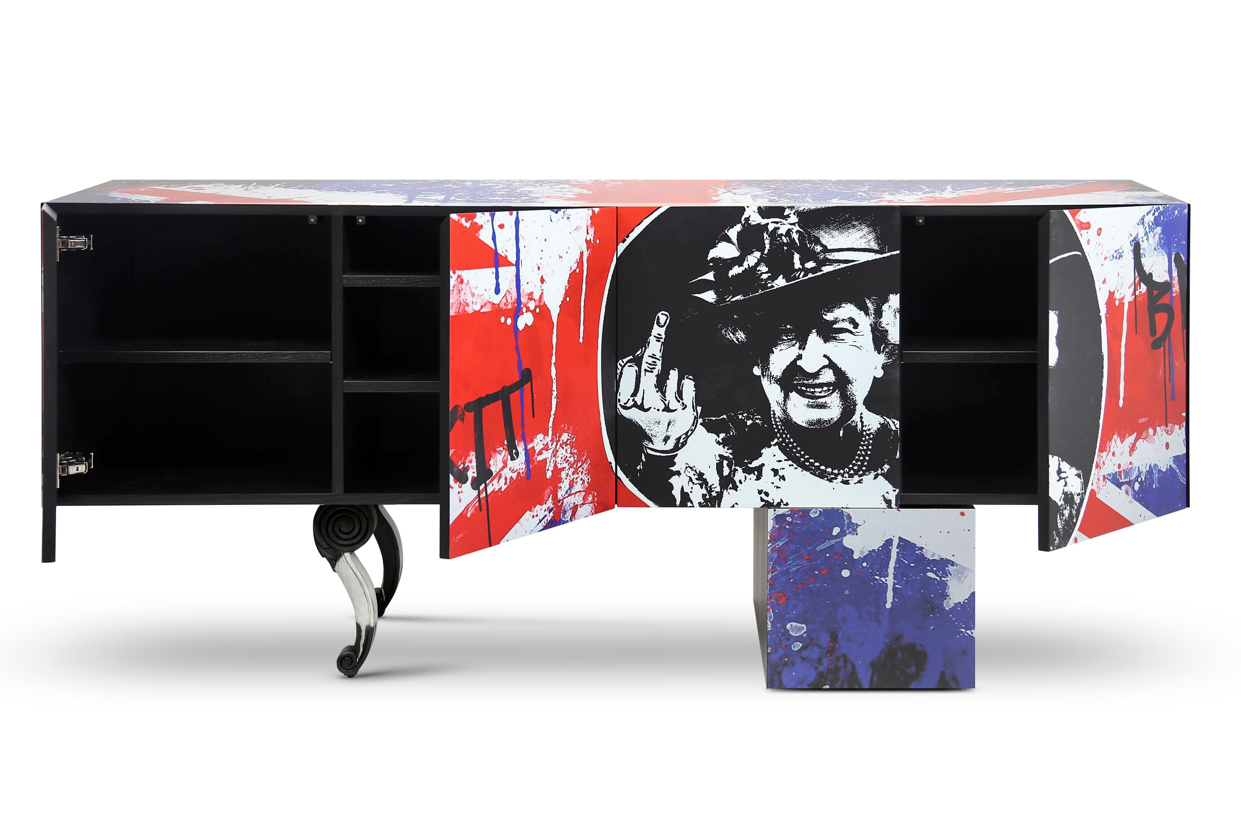 Sideboard Brexit by Railis Design. Made combining MODERN, CLASSIC and GRAFFITI style. Fully functional and practical piece of furniture. Artwork directly printed on wood. Aside from its aesthetic beauty, the piece features 4 doors with touch catch