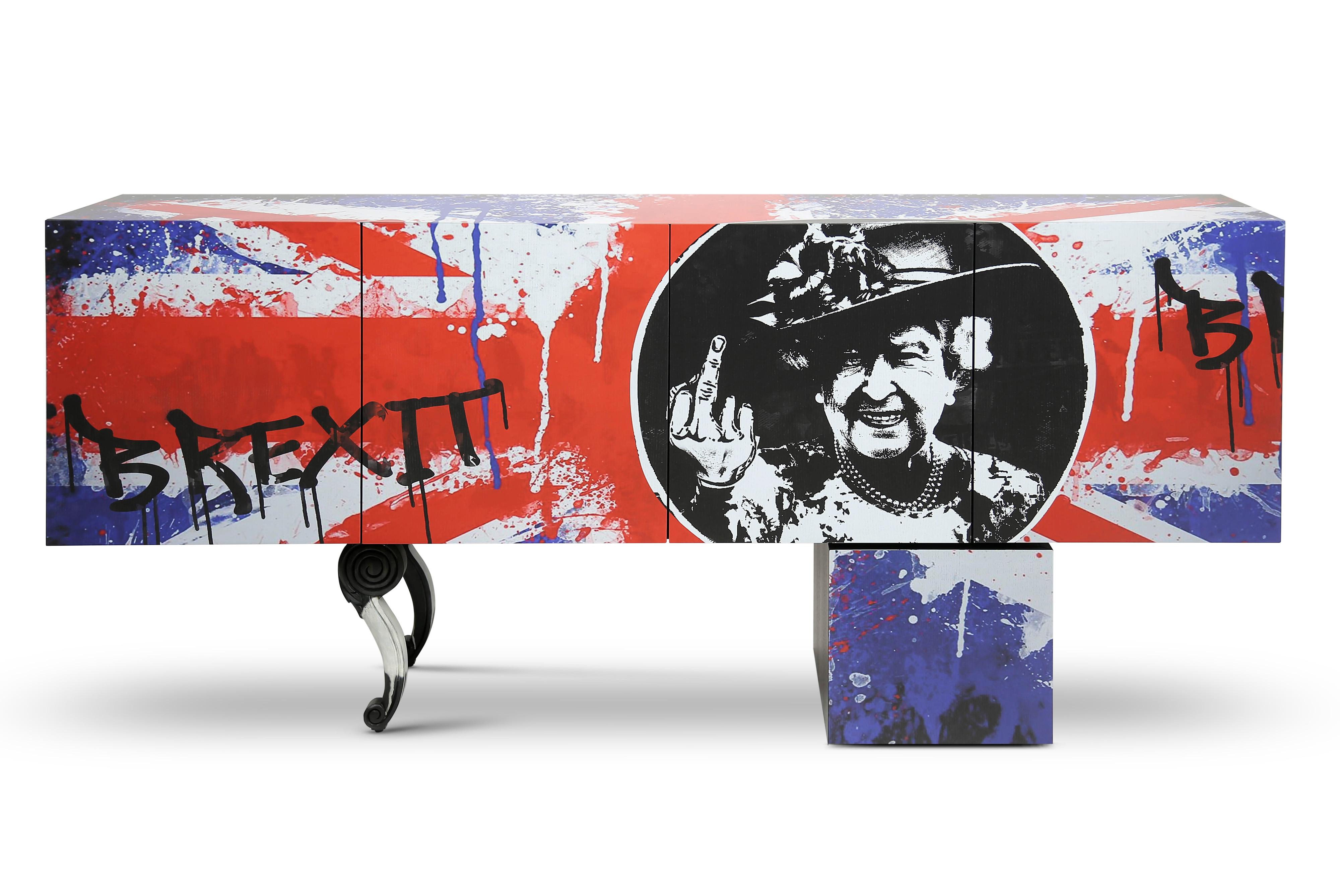 Contemporary Brexit Sideboard or Credenza with Graffiti Art and Oak Veneer
