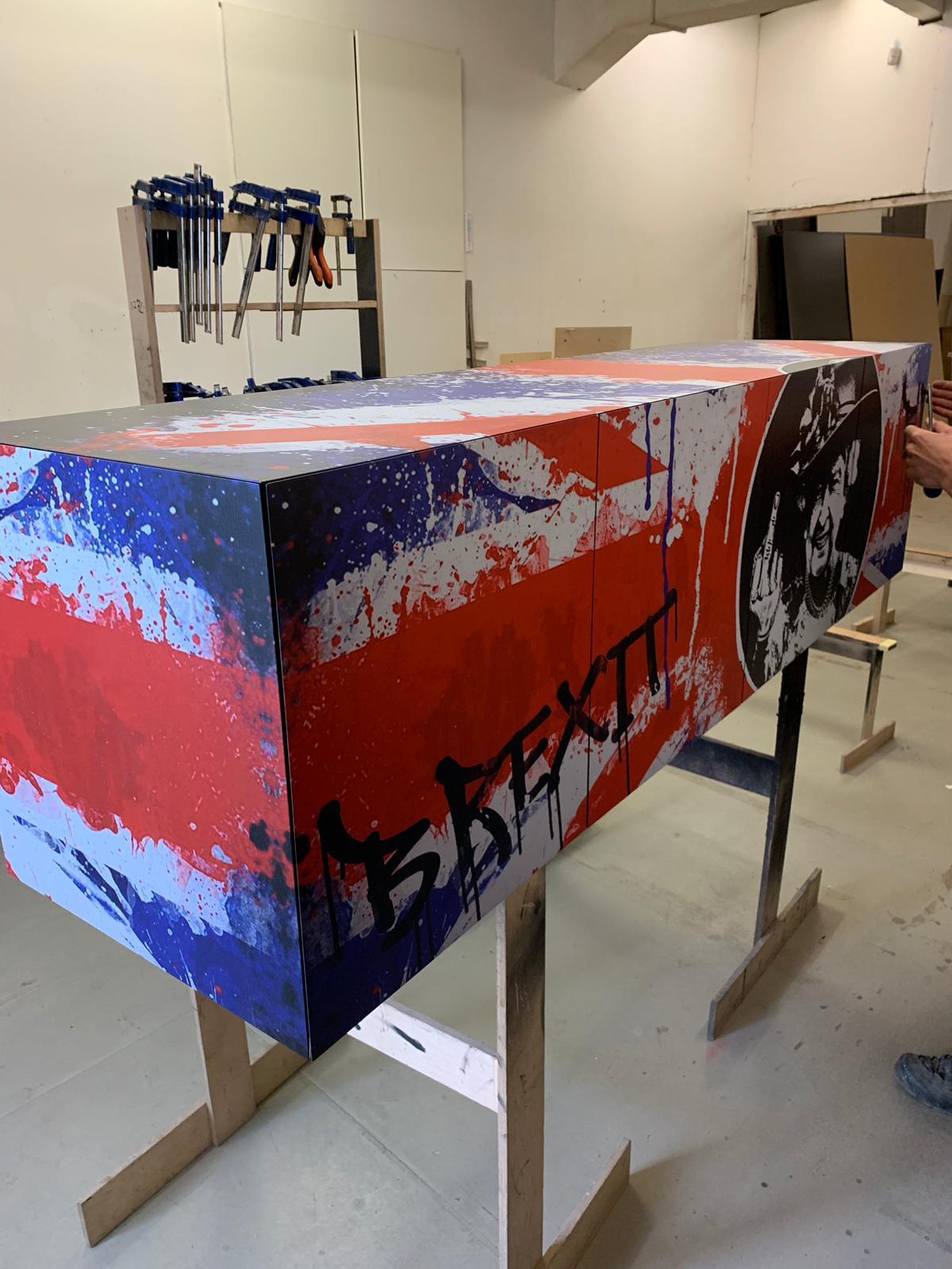 Contemporary Brexit Sideboard or Credenza with Graffiti Art and Oak Veneer For Sale 2