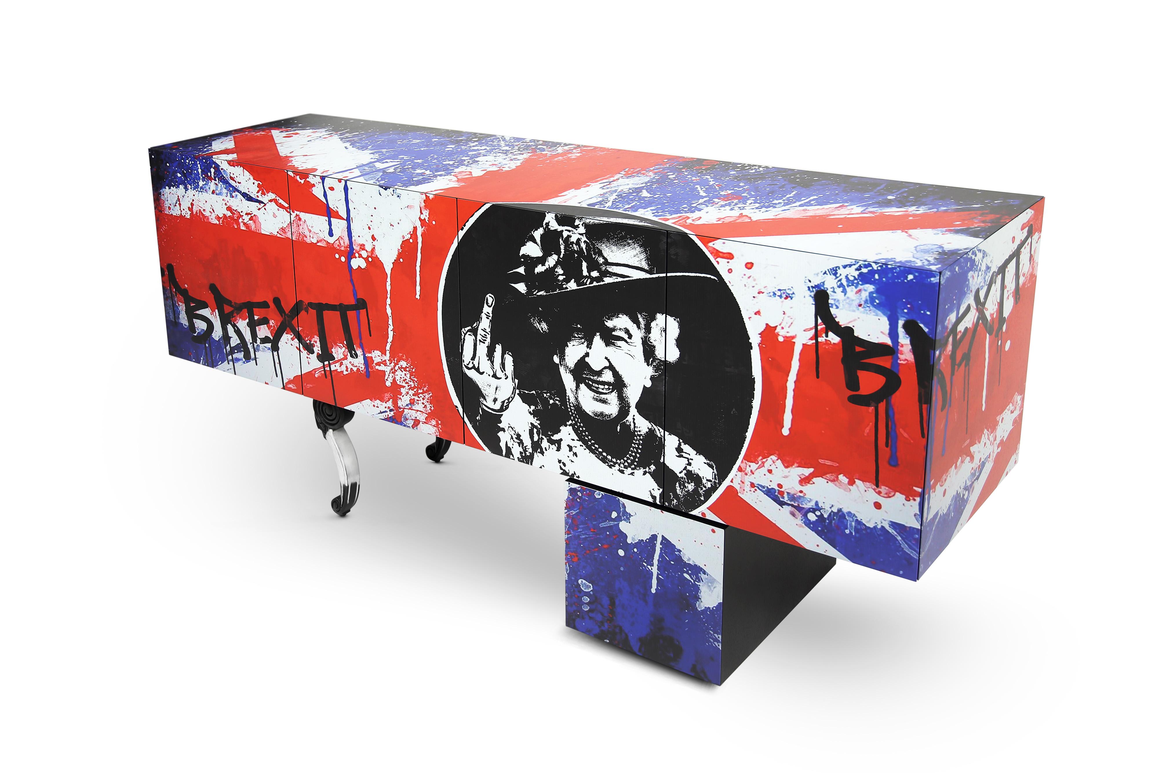 Varnished Contemporary Brexit Sideboard or Credenza with Graffiti Art and Oak Veneer For Sale