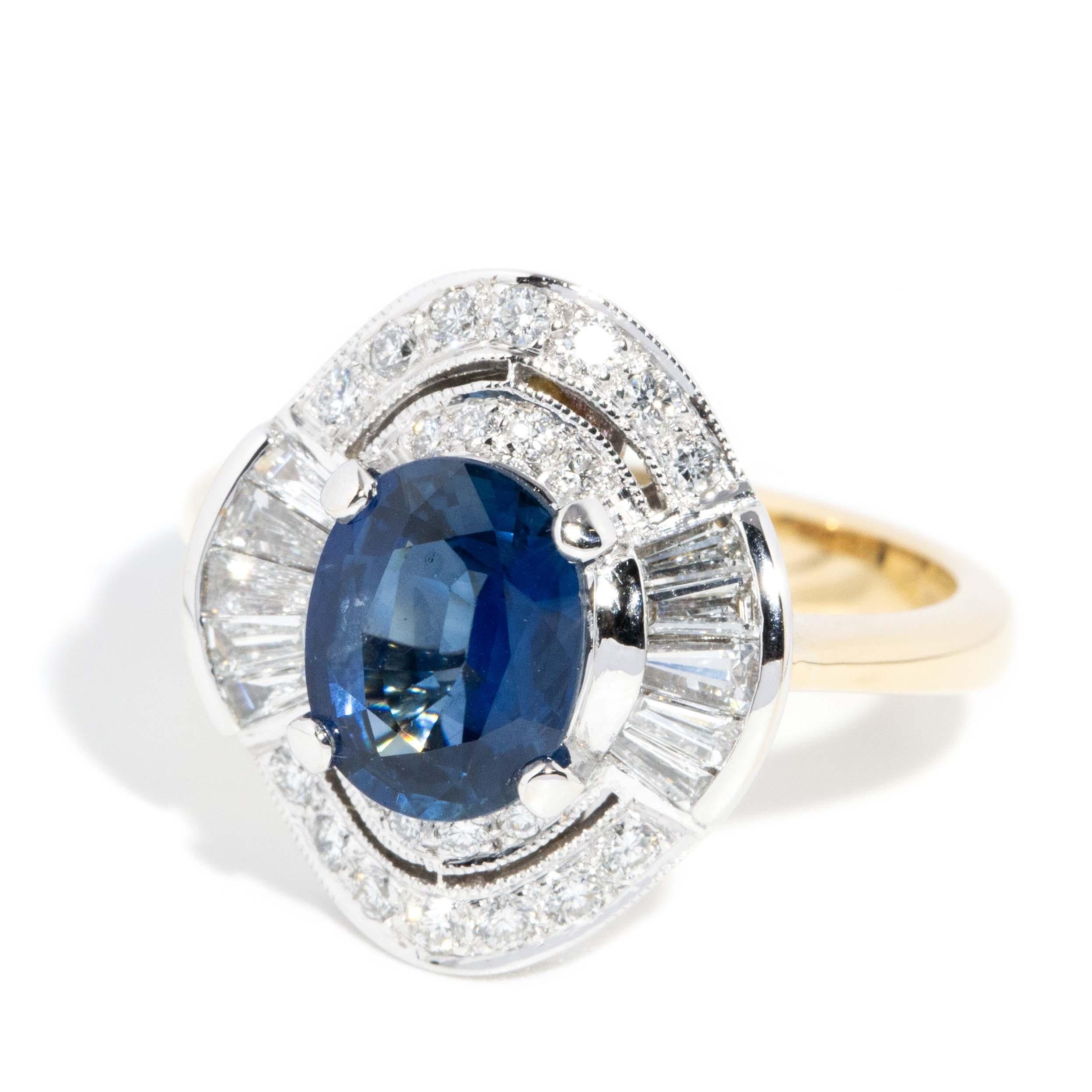 Oval Cut Contemporary Bright Blue Sapphire Diamond Halo Ring 18 Carat White Gold For Sale