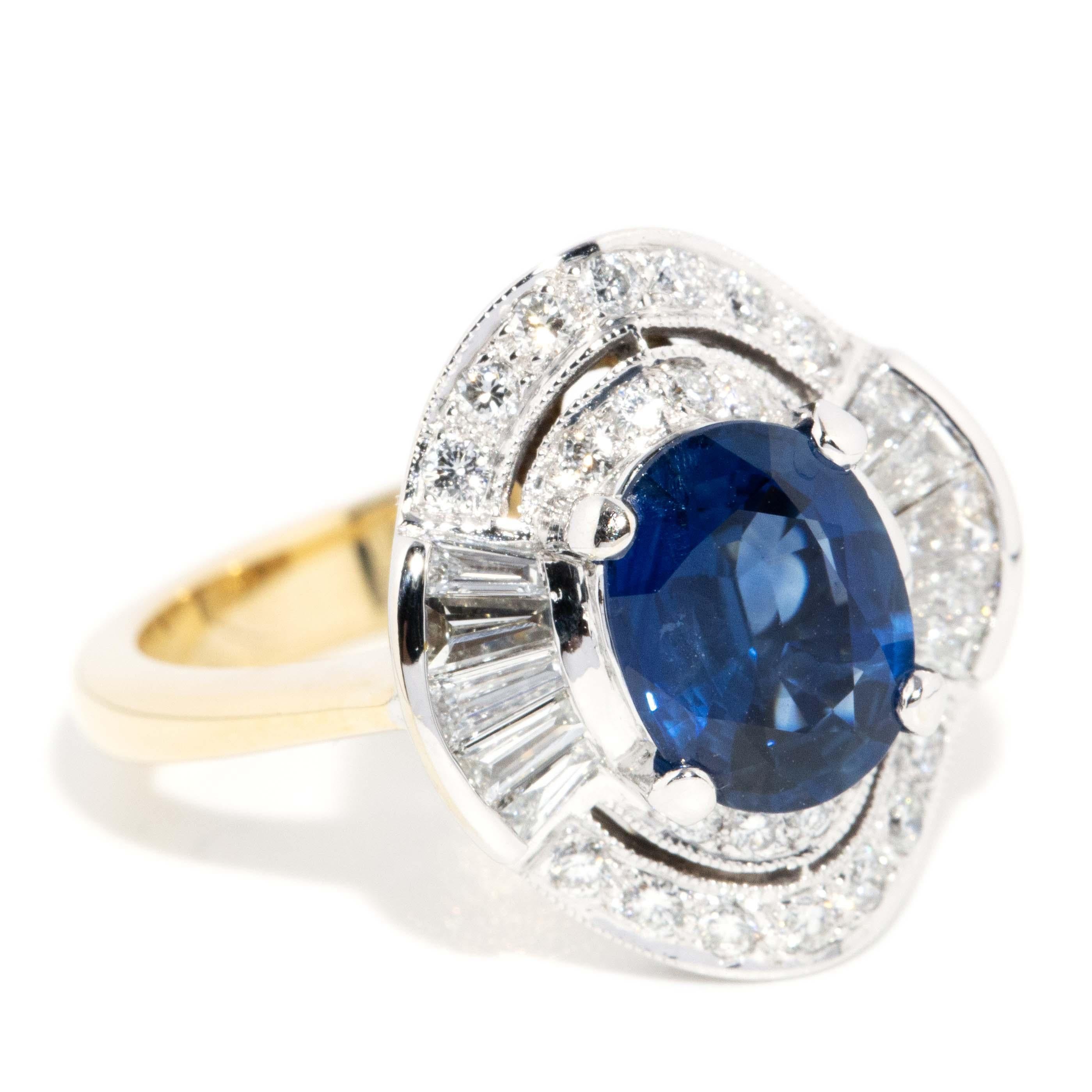 Women's Contemporary Bright Blue Sapphire Diamond Halo Ring 18 Carat White Gold For Sale