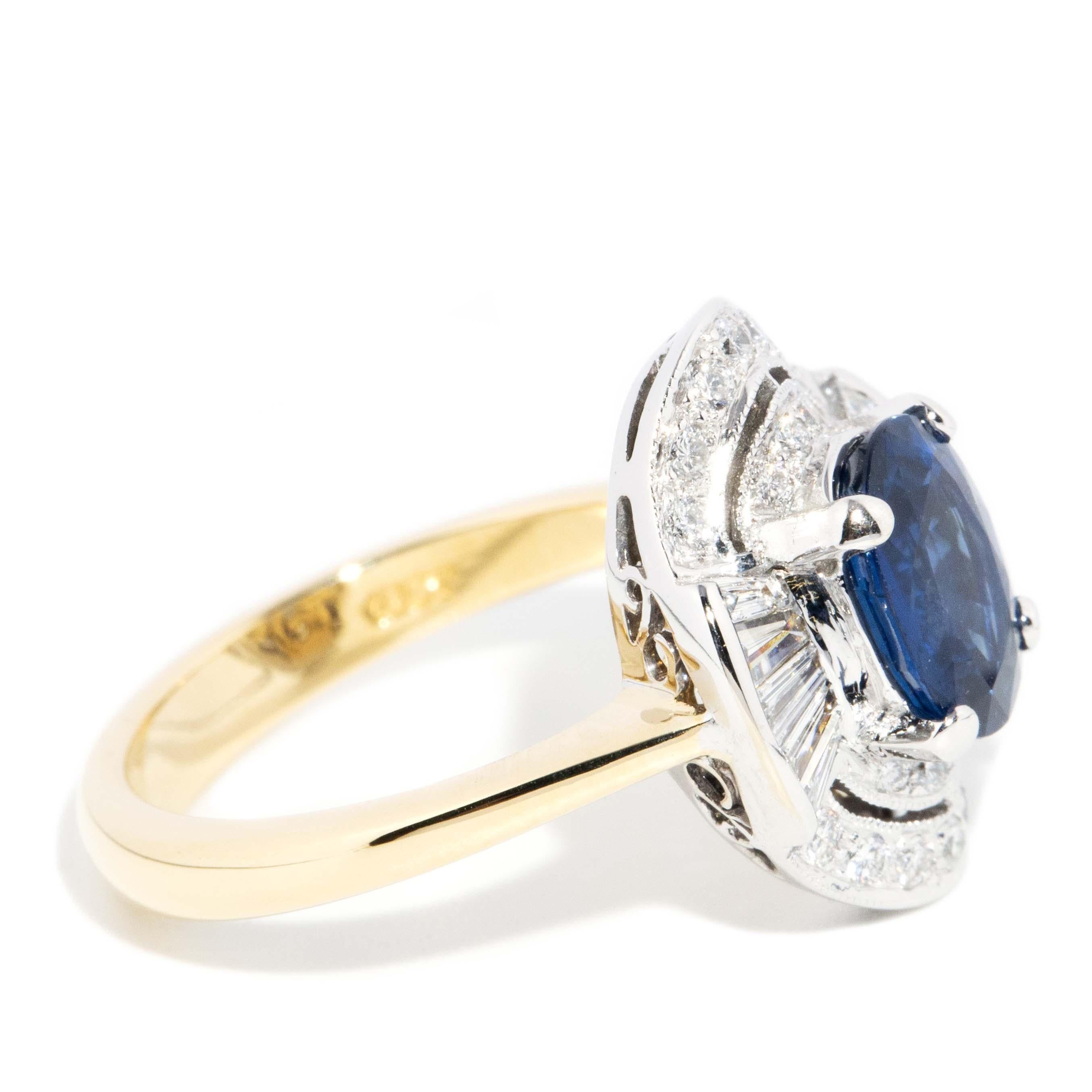 Contemporary Bright Blue Sapphire Diamond Halo Ring 18 Carat White Gold For Sale 2